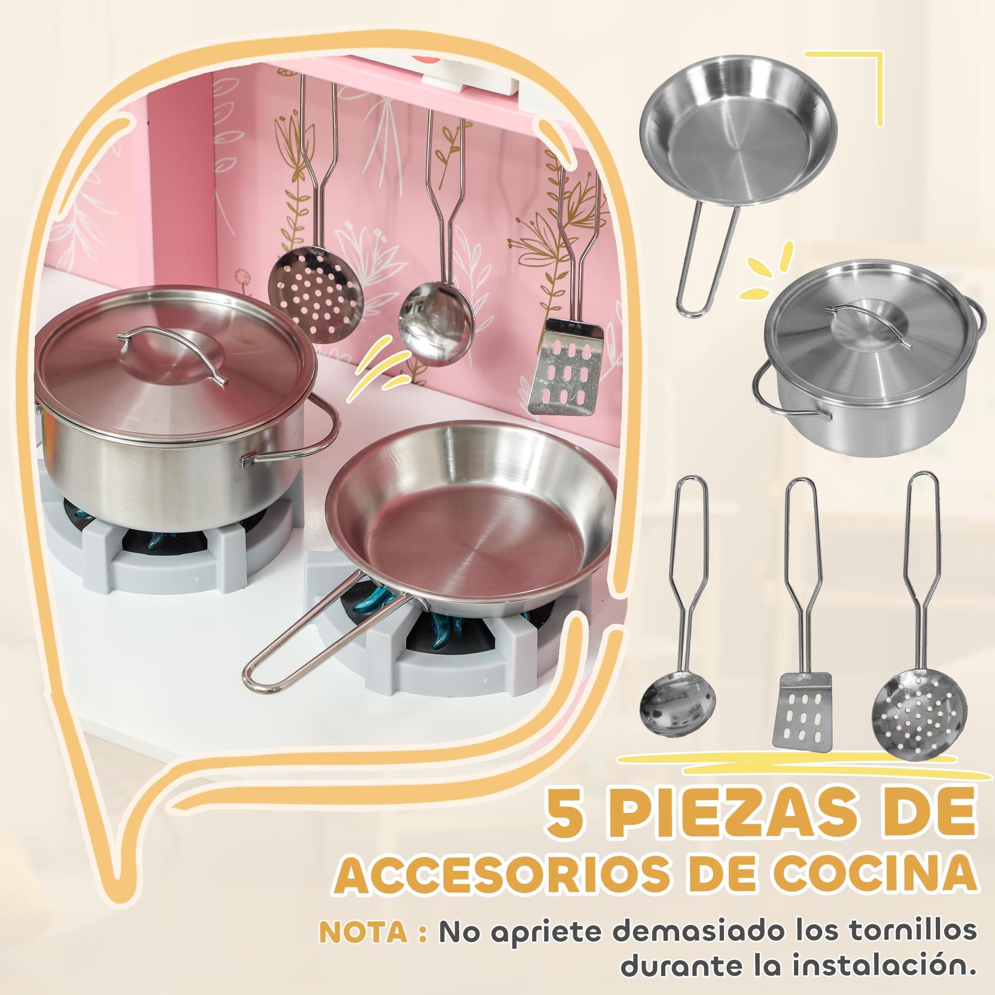 AIYAPLAY Cocina de Juguete para Niños +3 Años Cocina de Madera Infantil Cocinita Infantil con Sonido Fogón Horno Grifo Fregadero Microondas Lavadora Máquina de Hielo y Accesorios Rosa