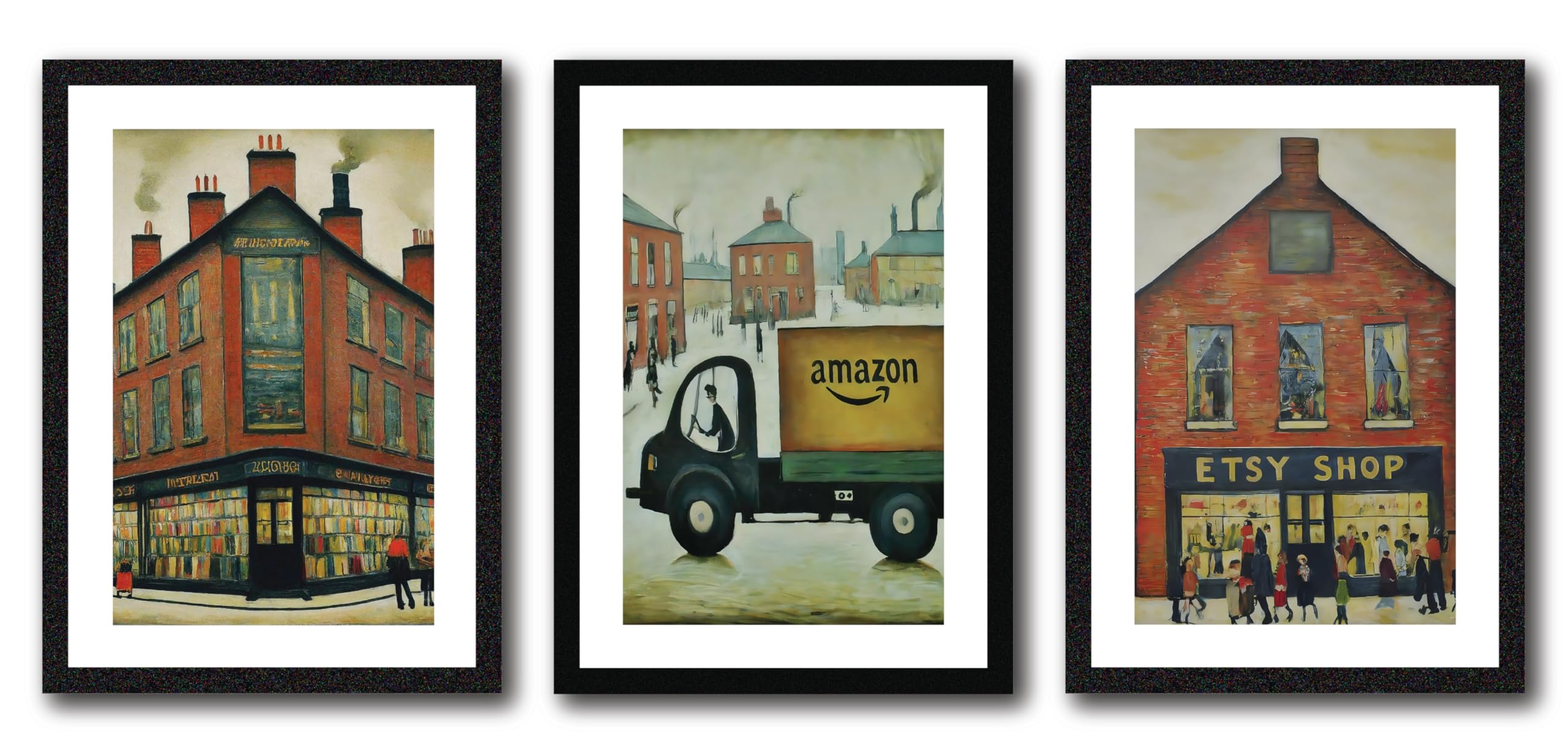 Greetingles Set of 3 Lowry Style Black Framed Art Prints 33 x 24cm New Designs (Set 9) — image 1