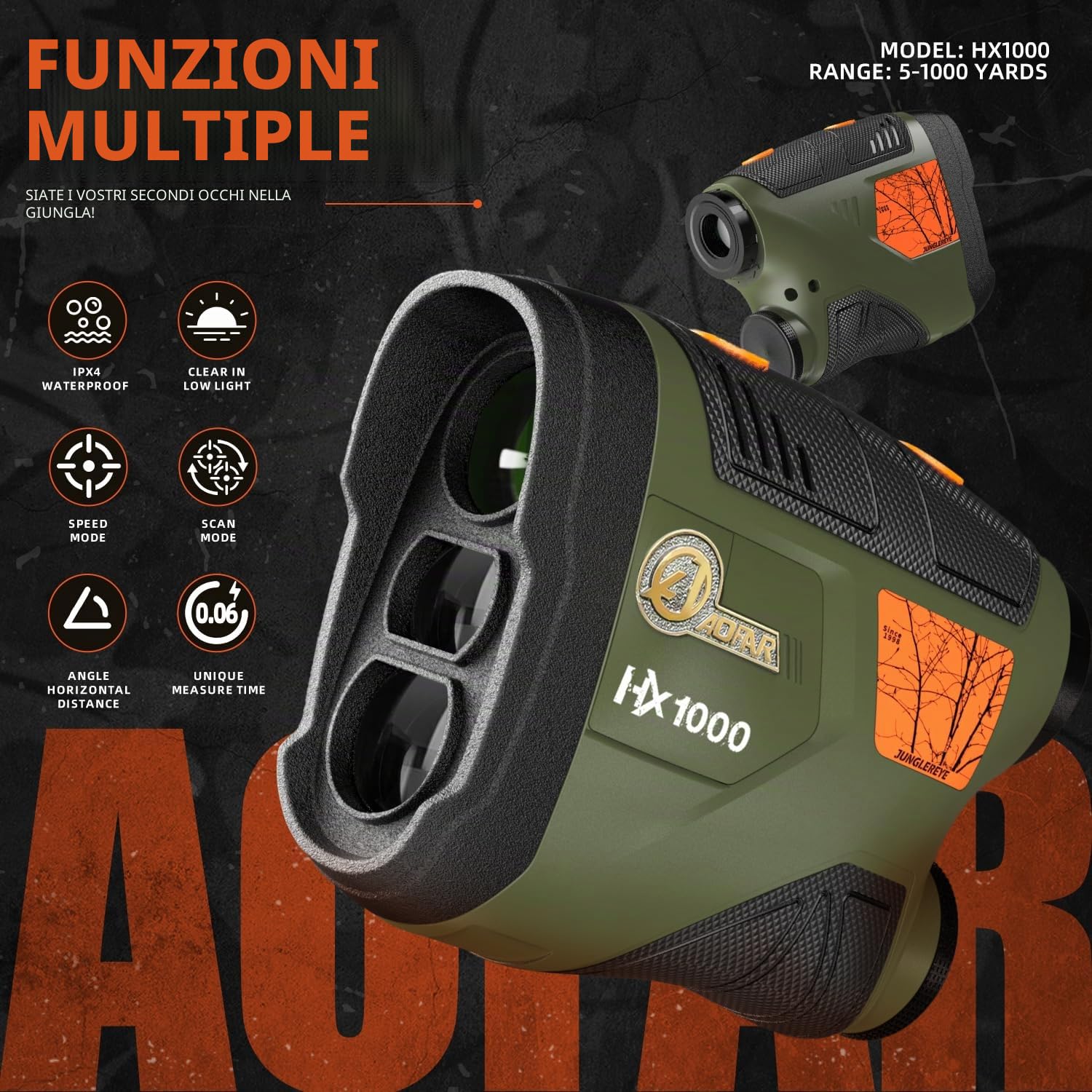 AOFAR HX1000 Telemetro Laser da Caccia 1000 iarde, Misurazione Distanza Angolare e Orizzontale, Modalità Scansione e Velocità, 6x Ingrandimento, Impermeabile, Batteria Inclusa