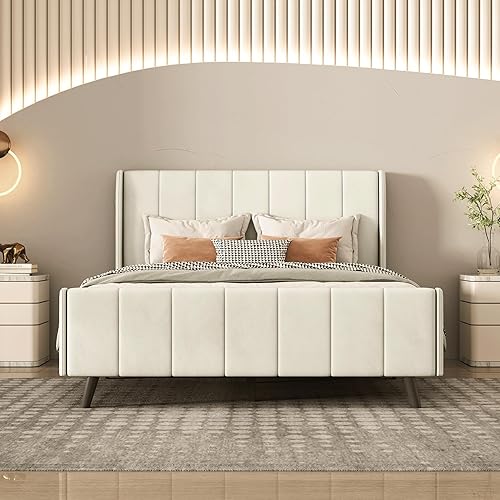 Miniatura 3 de WOXYX Base de cama tapizada de terciopelo de tamaño matrimonial con cabecero y listones de madera fuertes, color beige