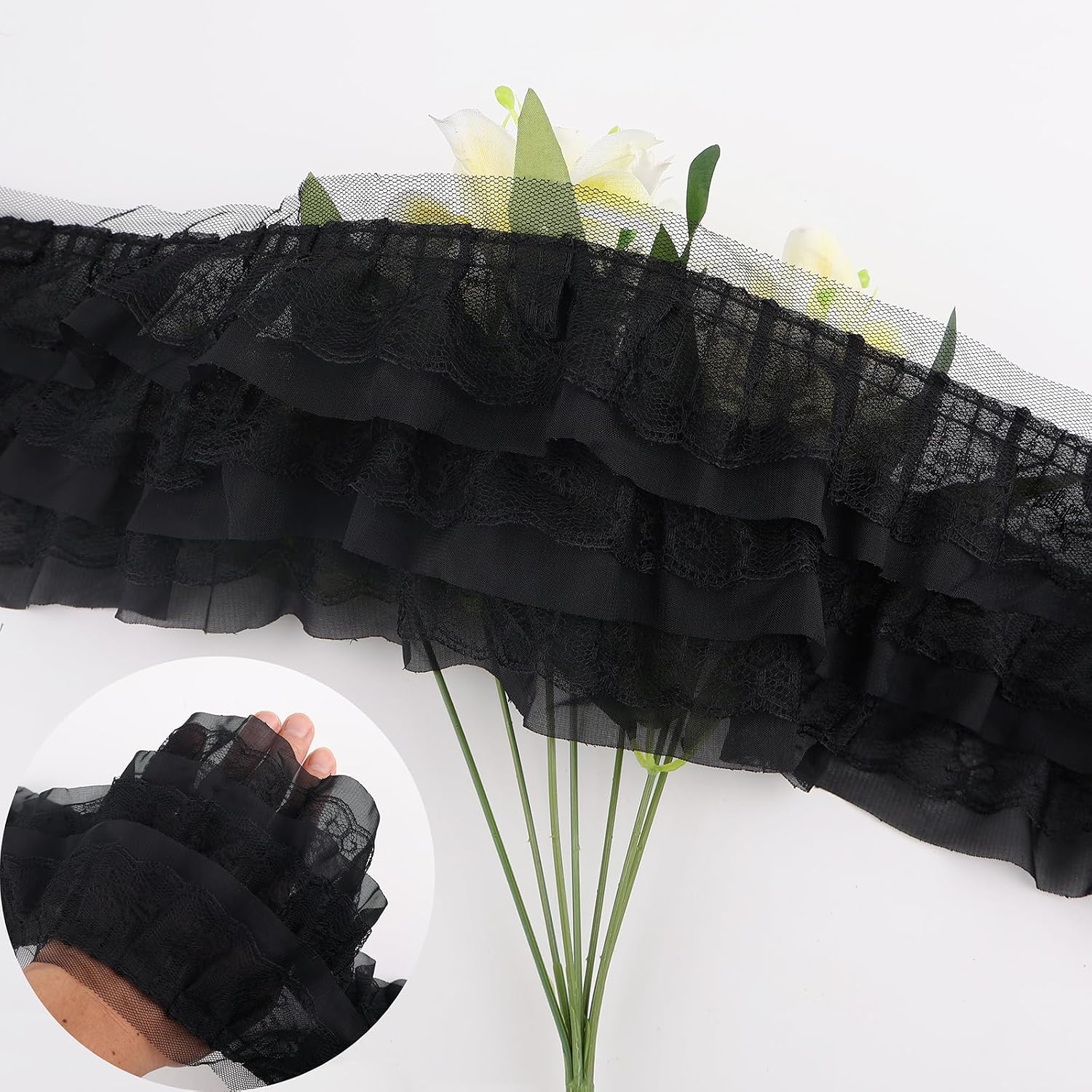 5 Yards 3 Layer Ruffle Lace Trim, 13cm 5.12" Wide White lace Fabric Chiffon Flower Pleated Trim Gathered Ribbon for Wedding Applique Clothing Sewing Decor Handmade Craft DIY (5 Yard, Black)