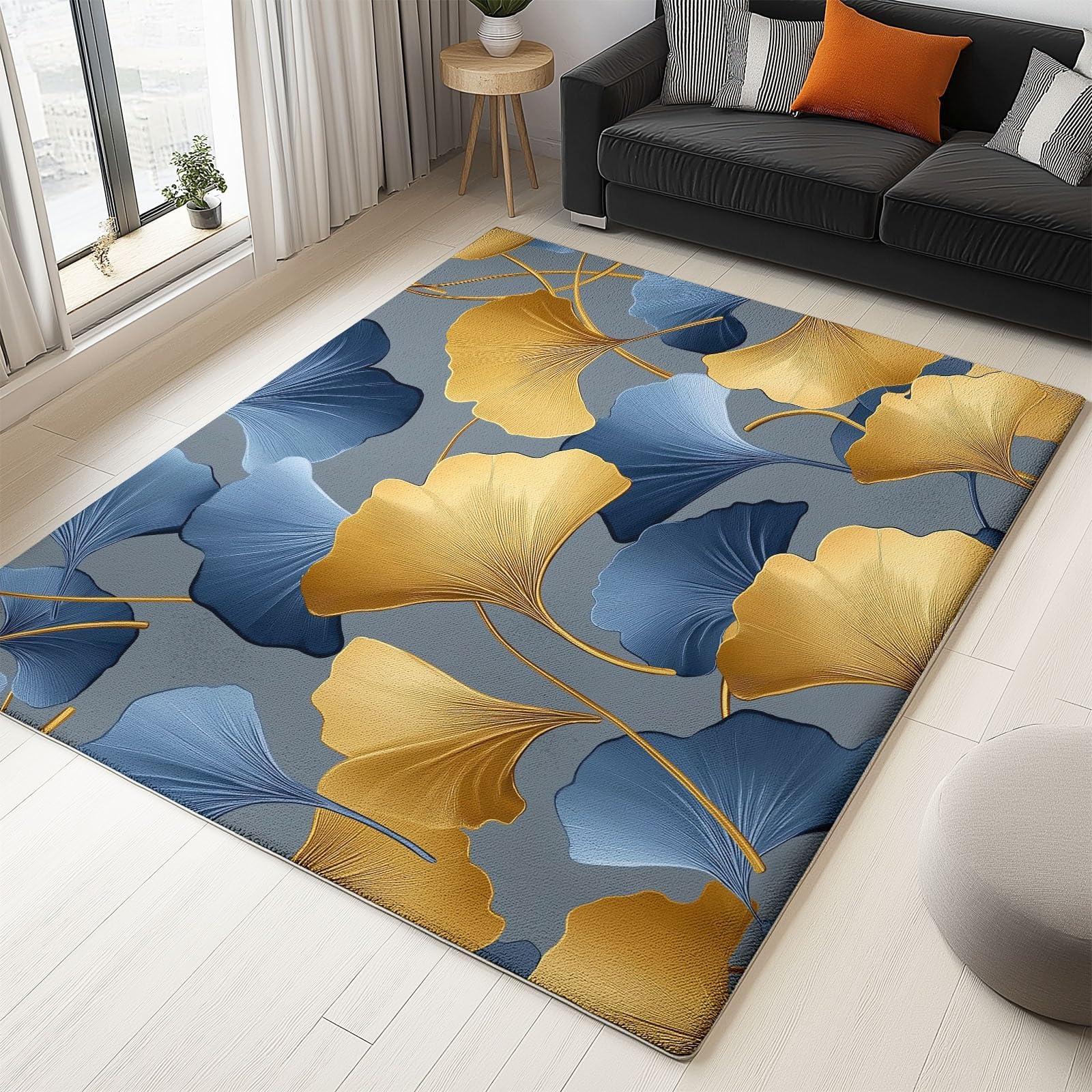 Tapis ginkgo bleu-gris anti-glisse et lavable pour éviter les chutes