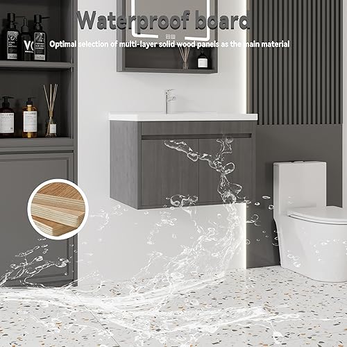 Miniatura 157 de Tocador de baño de 20 pulgadas con lavabo de cerámica, tocador de baño pequeño montado en la pared con puerta de cierre suave, gabinete flotante