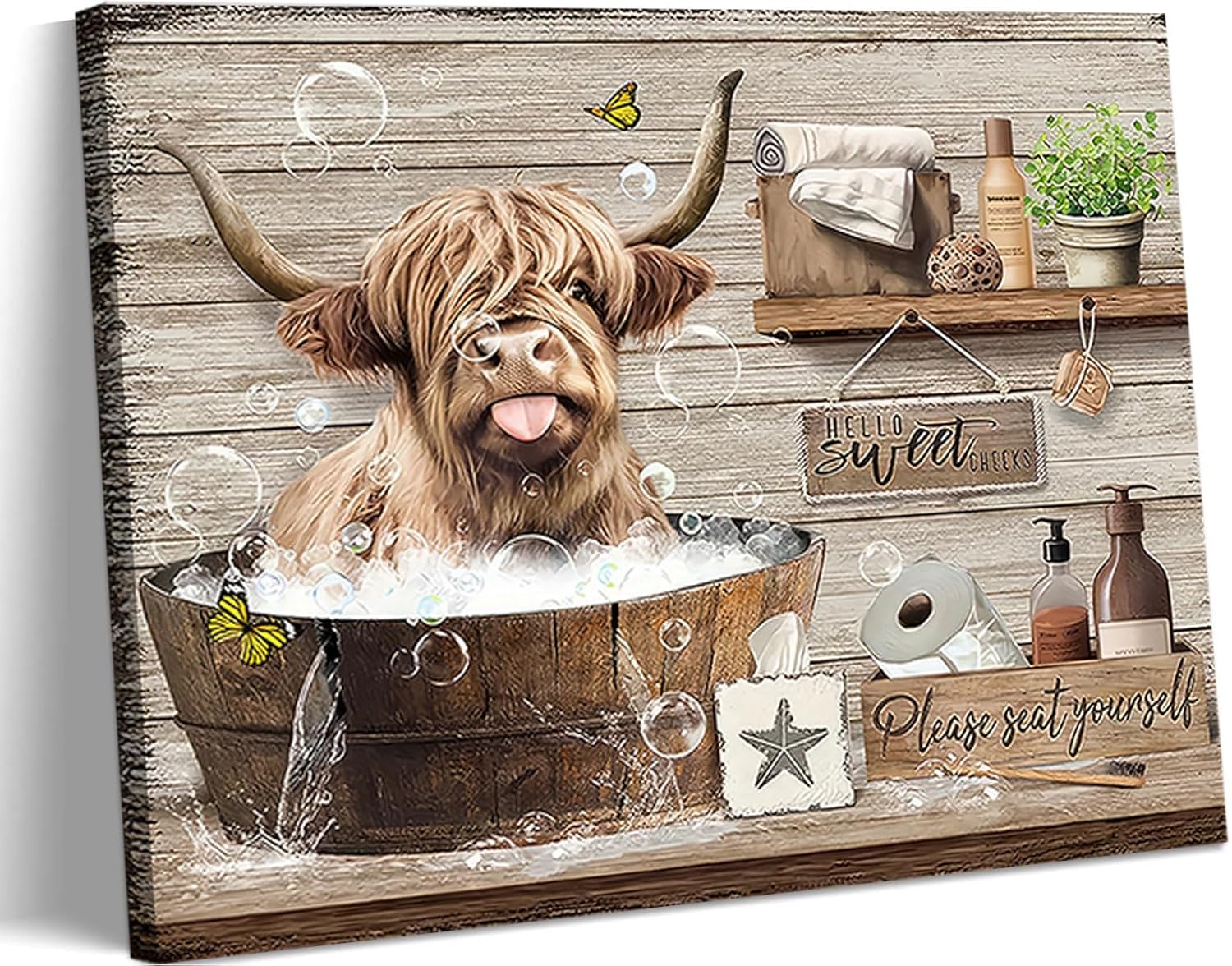 Kyiyhzp Bathroom Highland Cow Canvas Wall Art Rustic Farmhouse Cow Wall Decor Pictures Funny Animals Painting Artwork Bathing print in the tub for Bathroom Toilet Home Decoration 16x24in frame