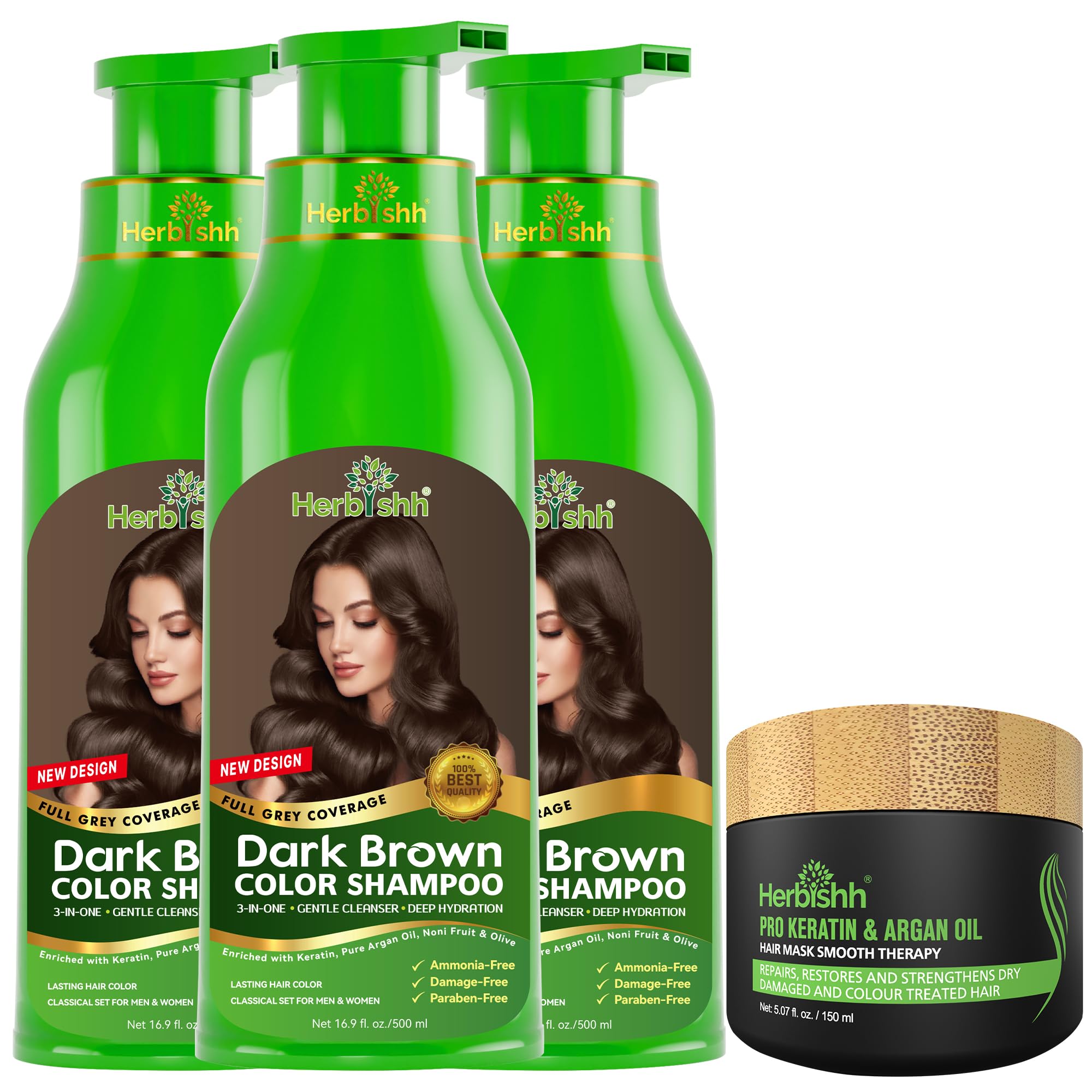 Herbishh Ultimate Hair & Color Kit (3pcs Color Shampoo Dye +1 Argan Oil Mask) Smooth & Long Lasting Shampoo for Grey Hair Men & Women Easy & Quick to Use-Combo4 (Dark Brown)