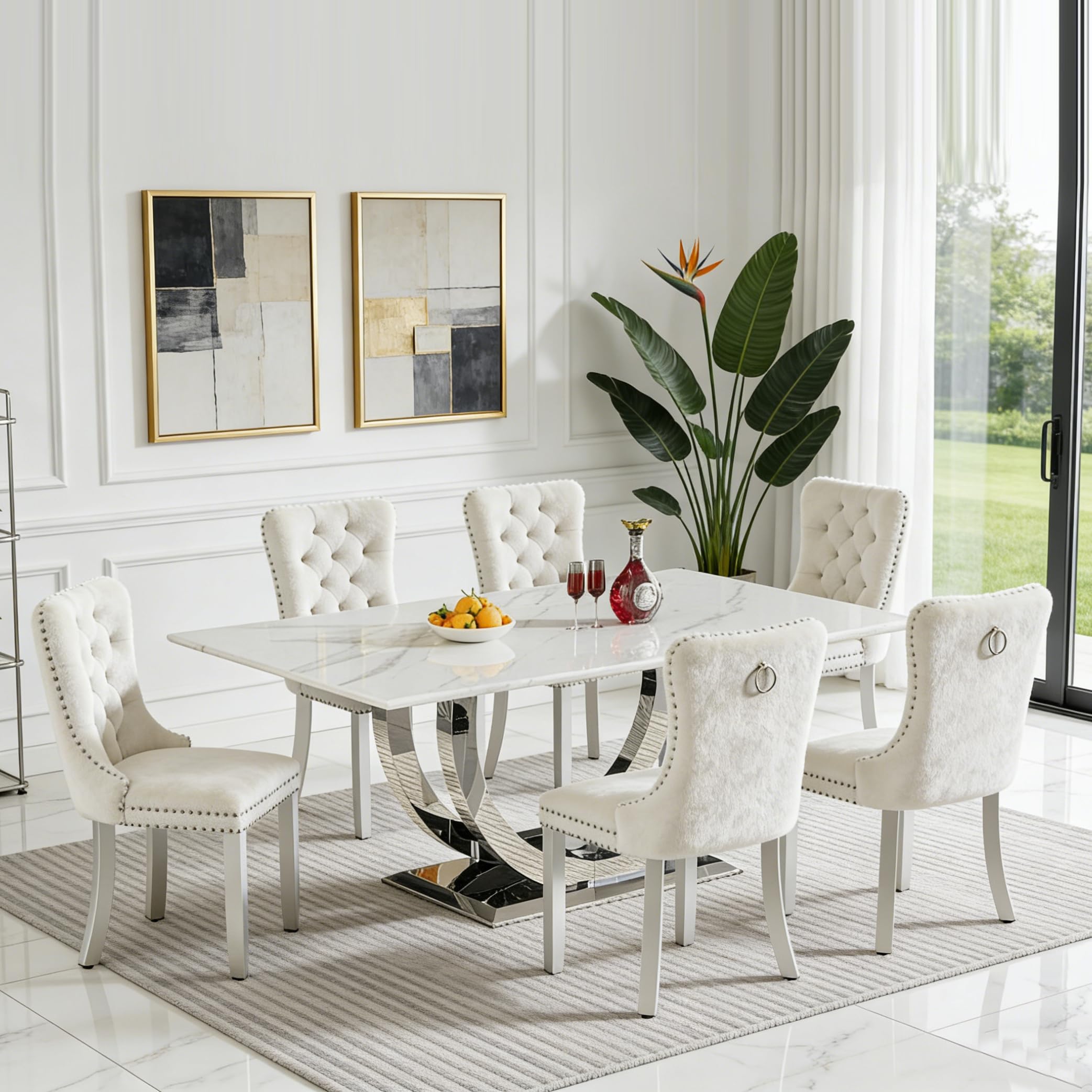 7-Piece Faux Marble Dining Table Set for 6, Luxury White Marble Silver Kitchen Table with 6 Beige Tufted Chairs, 69.3" Rectangular Dining Room Table with Dual U-Shape Stainless Steel Base