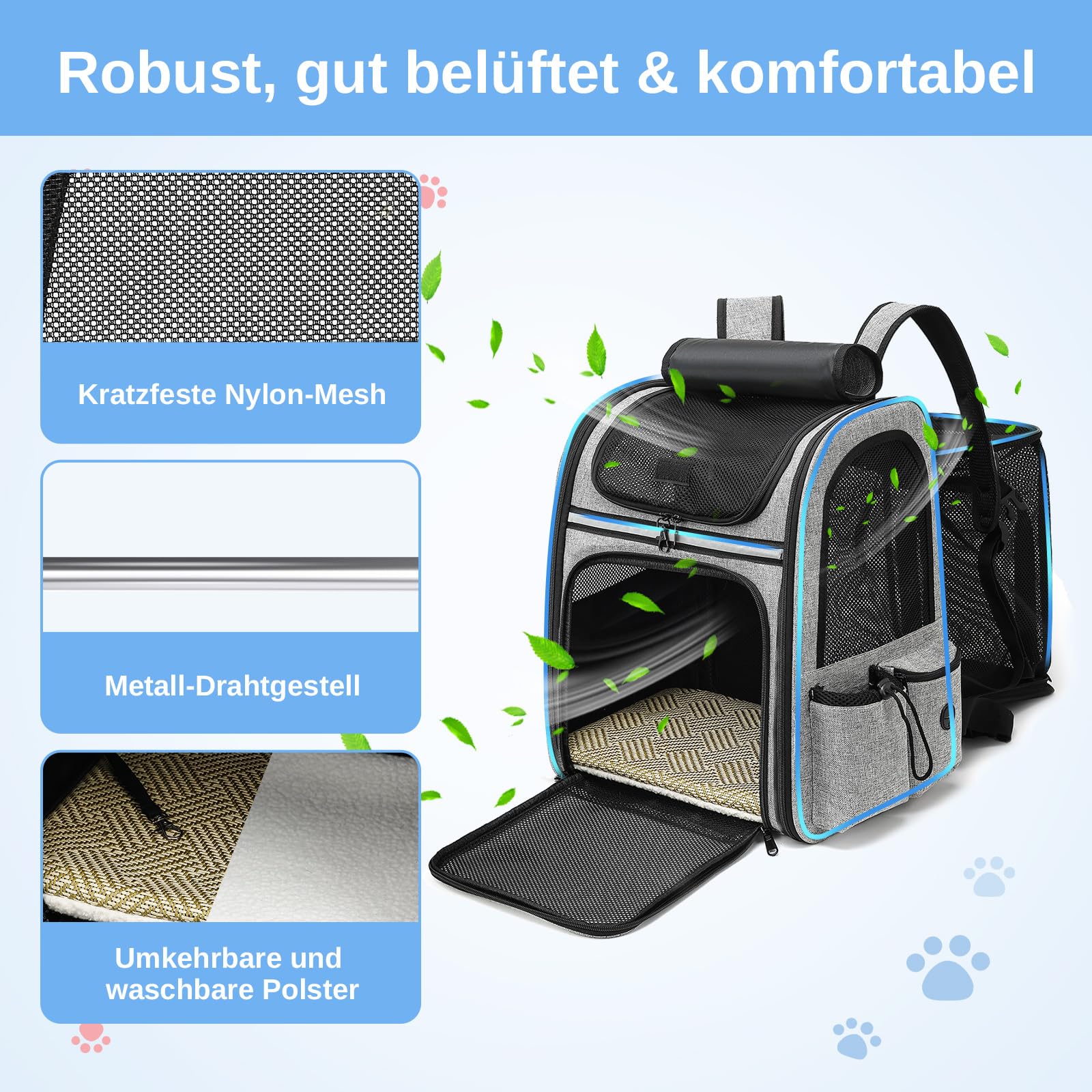 Erweiterbar Katzenrucksack mit Netzfenster, Tragbare und Faltbare Haustier Rucksack mit Innerer Sicherheitsleine und Haustierunterlage für Katzen Hunde bis 17 lbs (8 kg) Wandern, Walken (Grau)