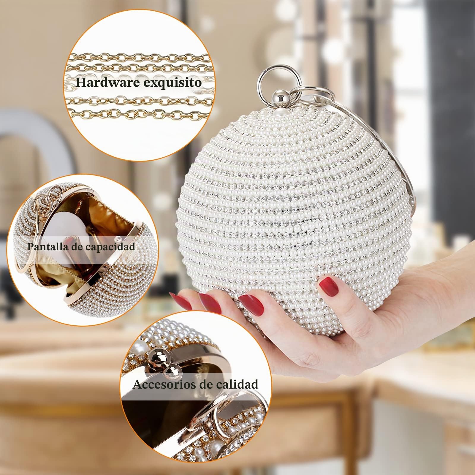 Bolso de Noche para Mujer Bola Redonda Diamantes de Imitación Clutch Perlas Cartera de Mano Embrague Bolso de Fiesta Bolsos Bandolera para Fiesta de Graduación Banquete Boda Plata
