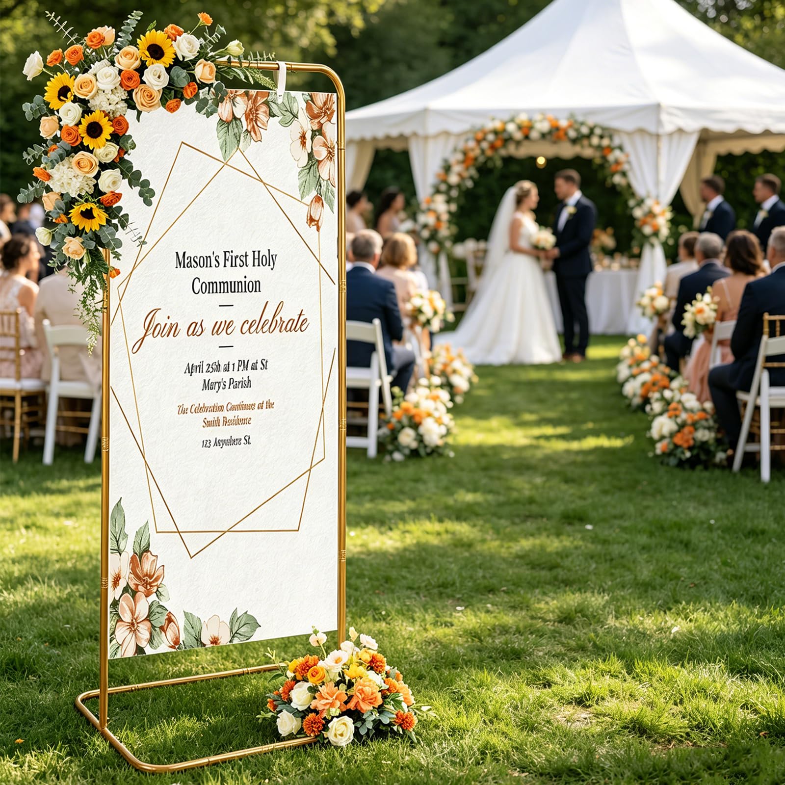 YEXEXINM Supporto per cartello di matrimonio, altezza regolabile, in metallo nero, con 4 cinghie in pelle, resistente, per classifiche dei posti, poster, cerimonie di laurea (oro)