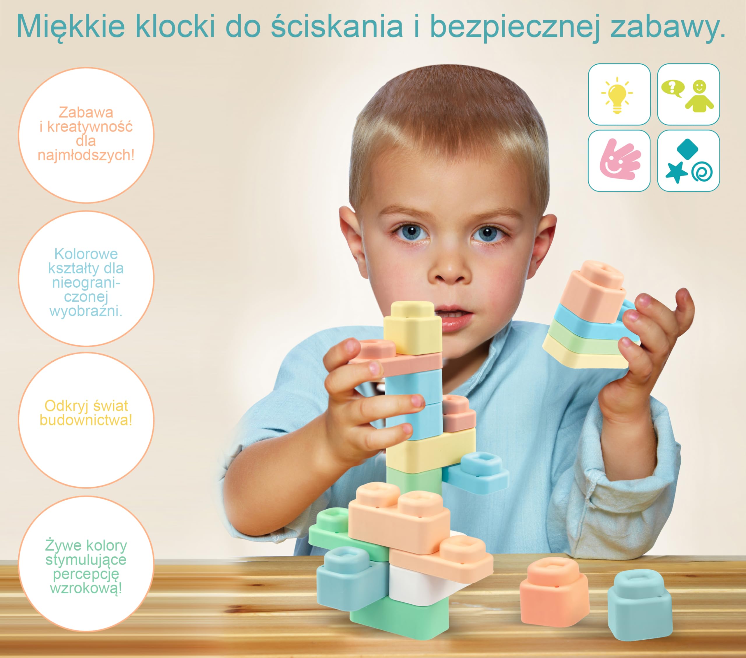 Mochtoys Zestaw Do Zabawy, 24 Kolorowe Klocki, Pastelowe Barwy, Rozwijające Zdolności Motoryczne i Sensoryczne, Kompatybilne z Serią Play&Squish, Dla Dzieci Od 1 Roku Życia