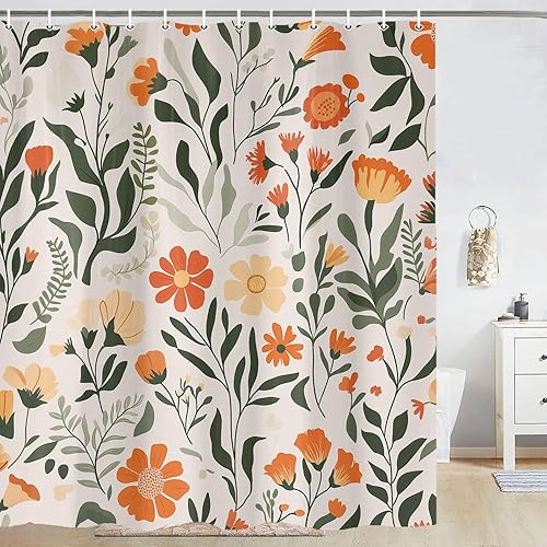 Cortina de ducha floral bohemia, colorido naranja retro para decoración de baño, 70 x 70 pulgadas, hojas modernas de mediados de siglo, parches de