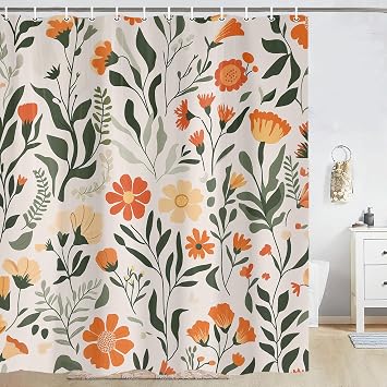 Colorful Orange Retro Floral Boho Shower Curtain for Bathroom Decor - Mid Century Modern Leaves Patchwork Abstract Flower Aesthetic Groovy Plants Botanical Bath Shower Curtains Set with Hooks 54X72in