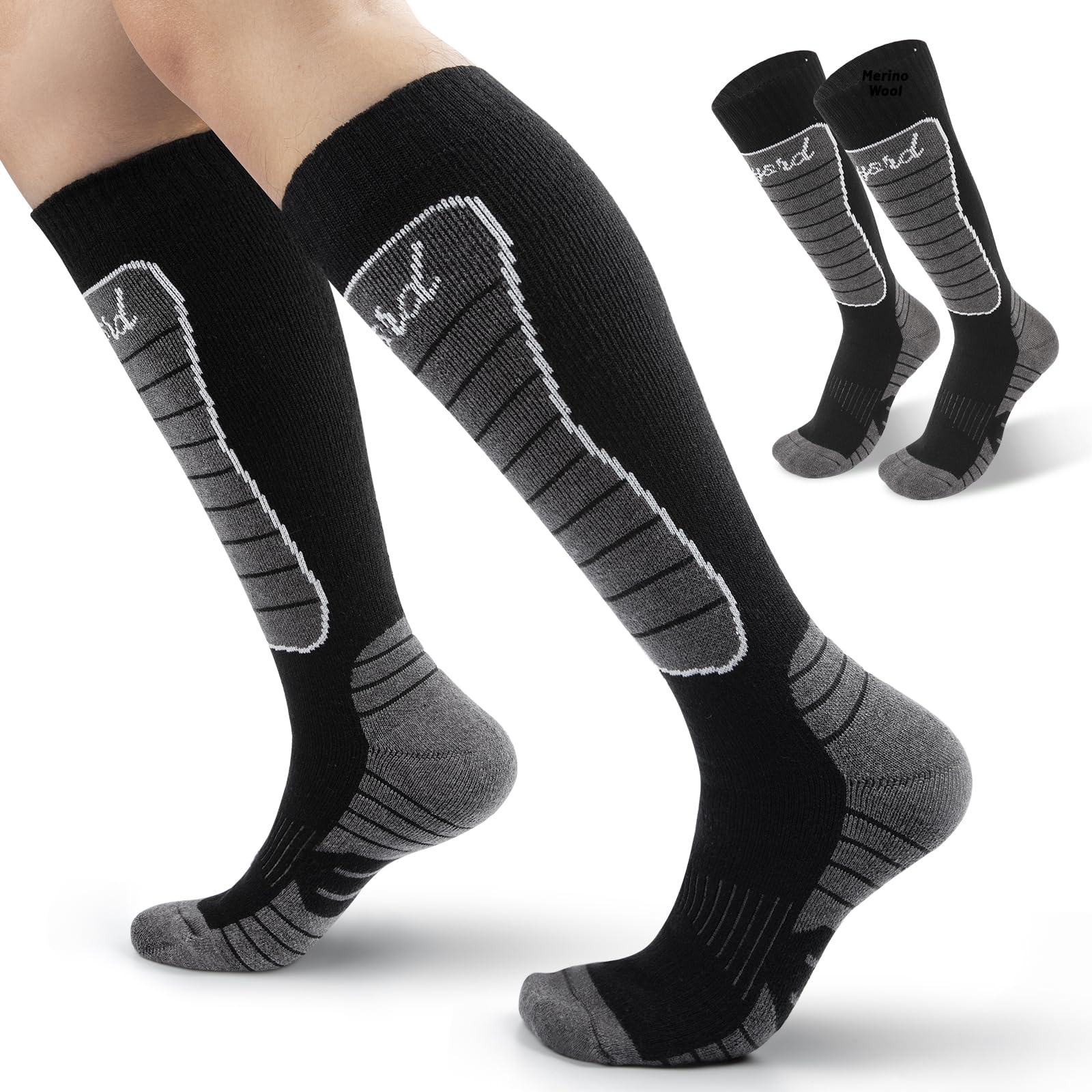 Funyord 2 Paia Calze Sci in Lana Merino Per Uomo, Calze da Sci Calze Termiche al Ginocchio Per Sci, Snowboard, Escursionismo, Sport Invernali