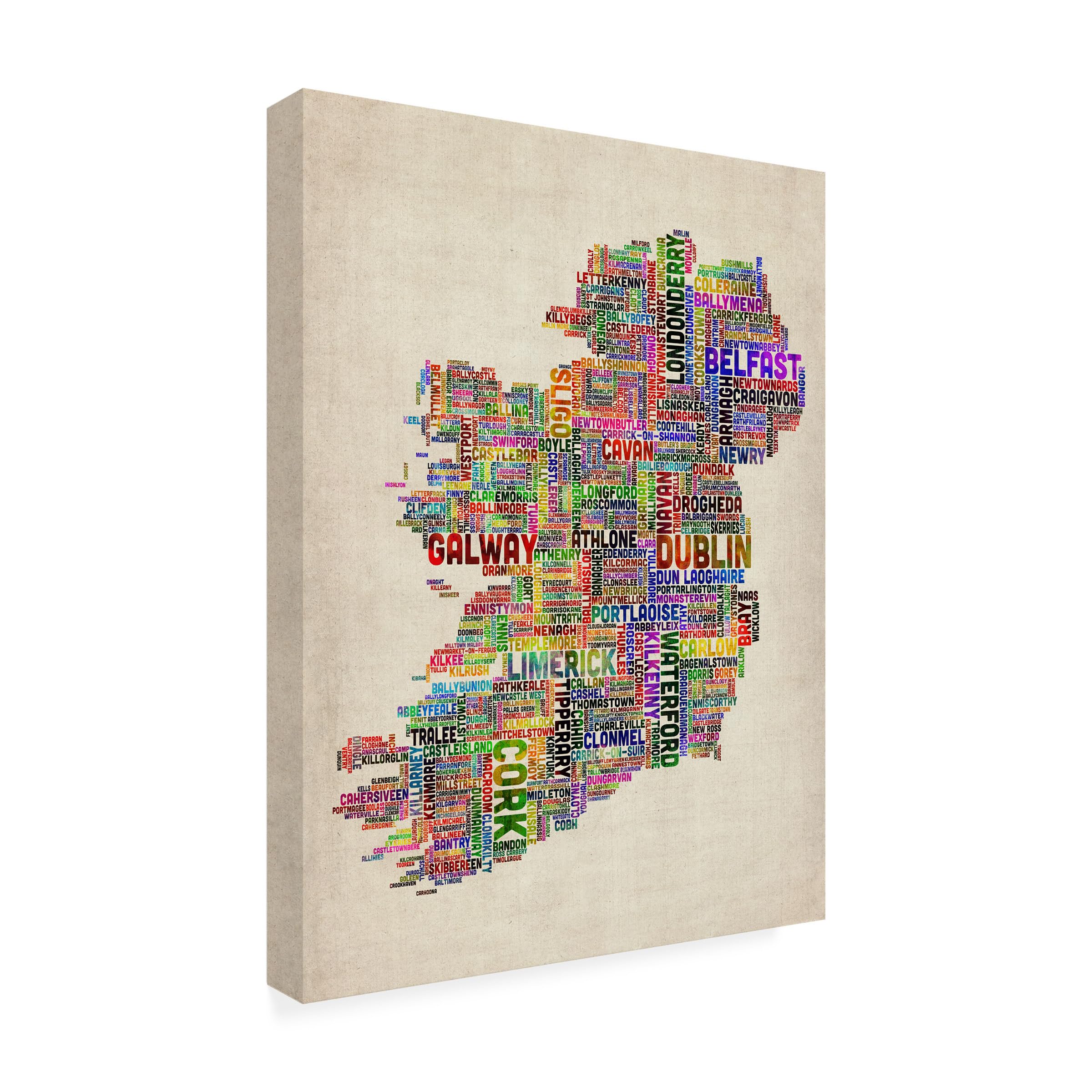 Wrapped Canvas Wall Art - Michael Tompsett 'Ireland City Text Map II' Wall Art for Living Room, Bedroom, or Office Décor - 24x32