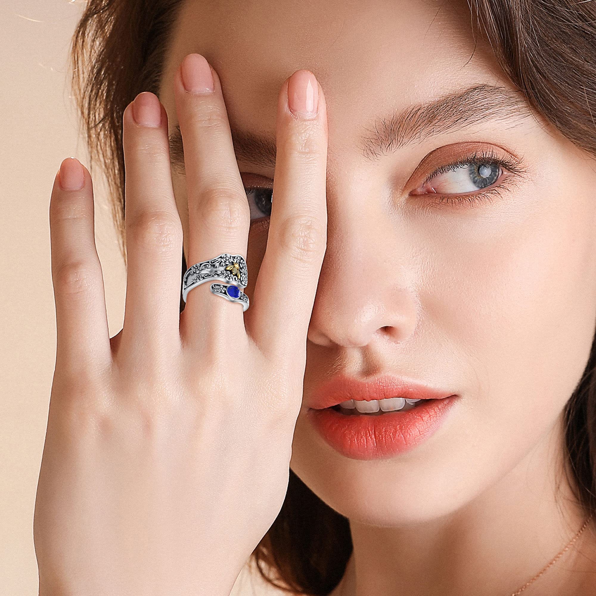 925 Sterling Silber Floral/Totenkopf Löffel Ring Vintage Verstellbarer Daumen Ring für Frauen Edelstein Ringe für Schwester Tochter Freund