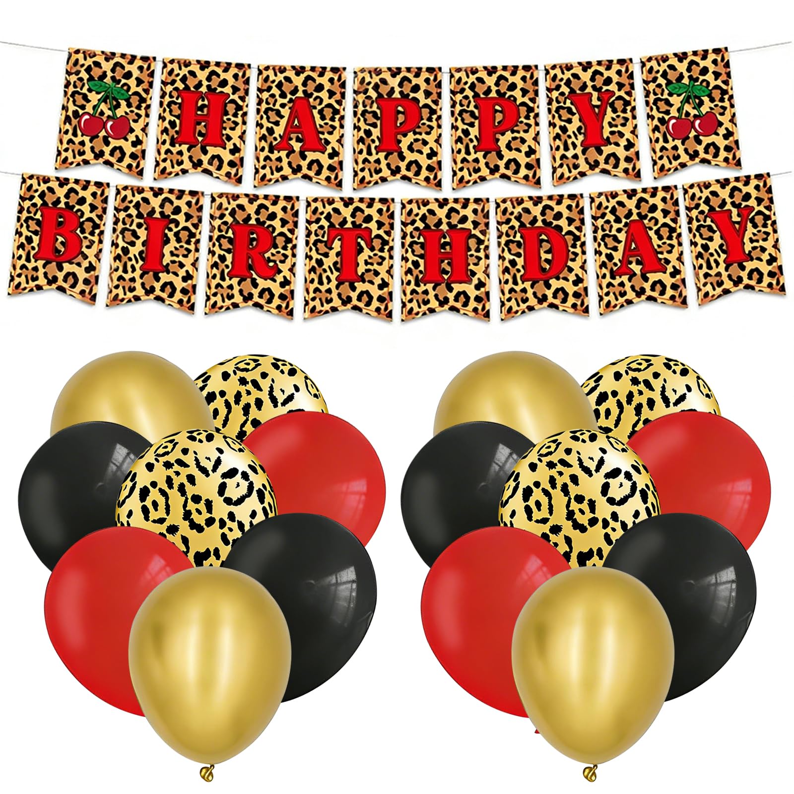 31Pcs Leopard Print Birthday Decorations Set, Leopard Print Balloons, Red Cherry Happy Birthday Banner, Cheetah Party Decorations for Wild Party Photography Background