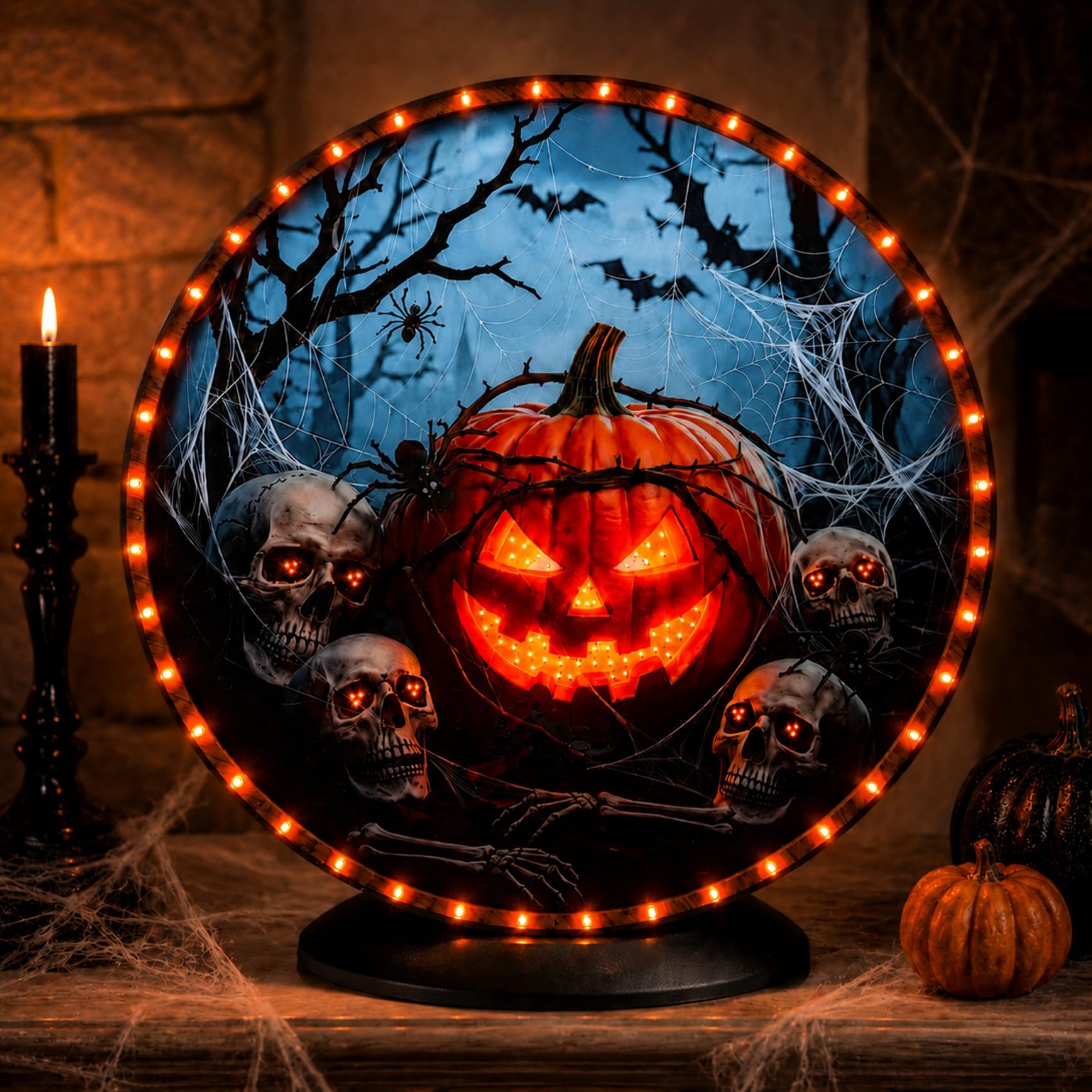 Decoraciones de Halloween iluminadas que funcionan con pilas, decoración de calavera de calabaza de Halloween con efectos de luz y sonido, decoración LED espeluznante para colgar en la mesa o en la