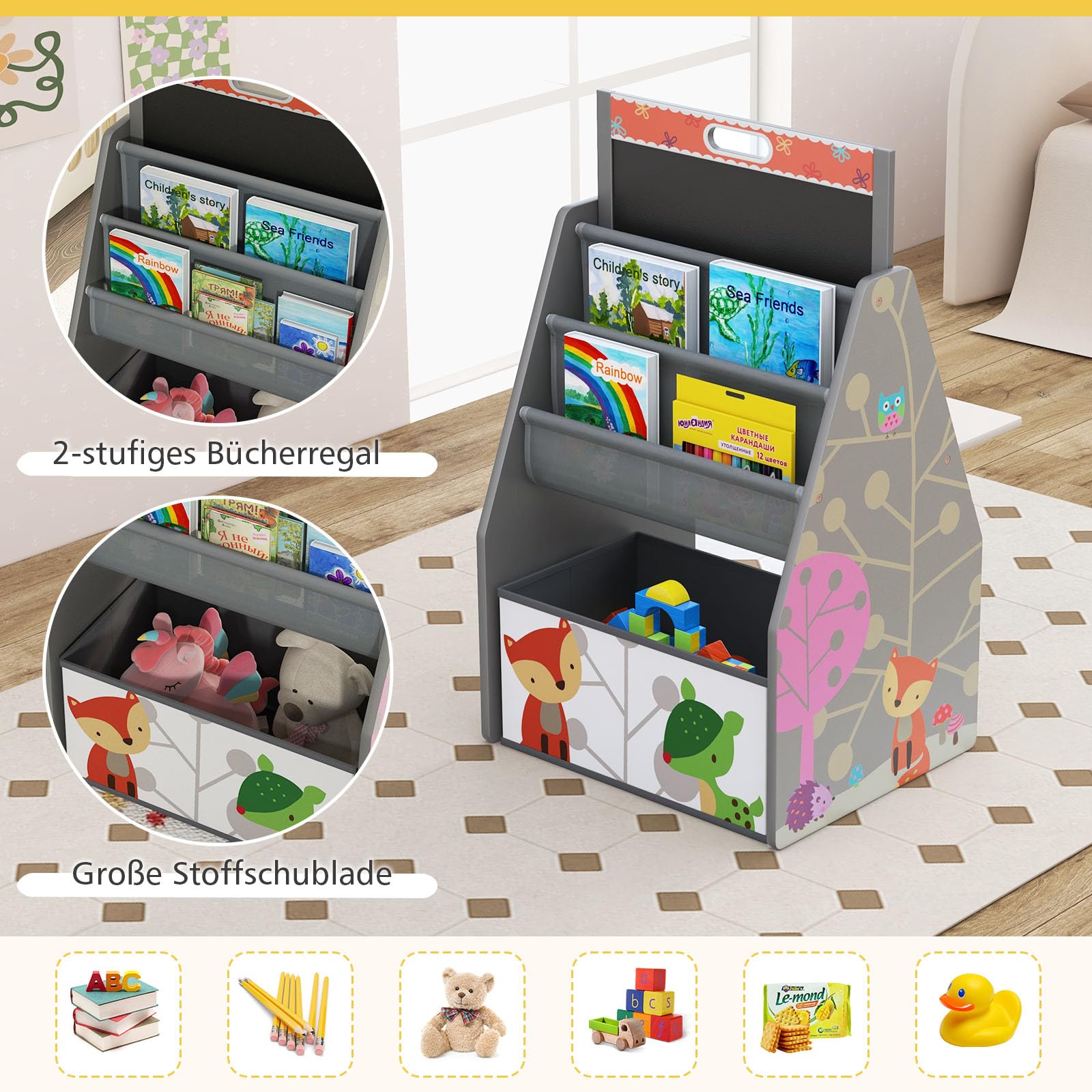 GOPLUS Kinderstaffelei Spieltisch mit Stuhl, Kindertisch und Stuhl-Set mit drehbarer doppelseitiger magnetischer Tafel & Whiteboard, Bücherregal & Aufbewahrungsfach, Maltisch für Kinderzimmer(Grau)