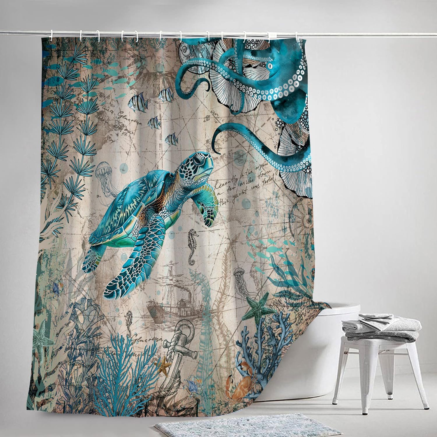 Wathon Sea Turtle Octopus Shower Curtain Blue Teal Ocean Bath Curtain with Vintage Pirate Map Underwater Animal Coastal Theme Bathroom Decor Set Hooks Included 70X84IN