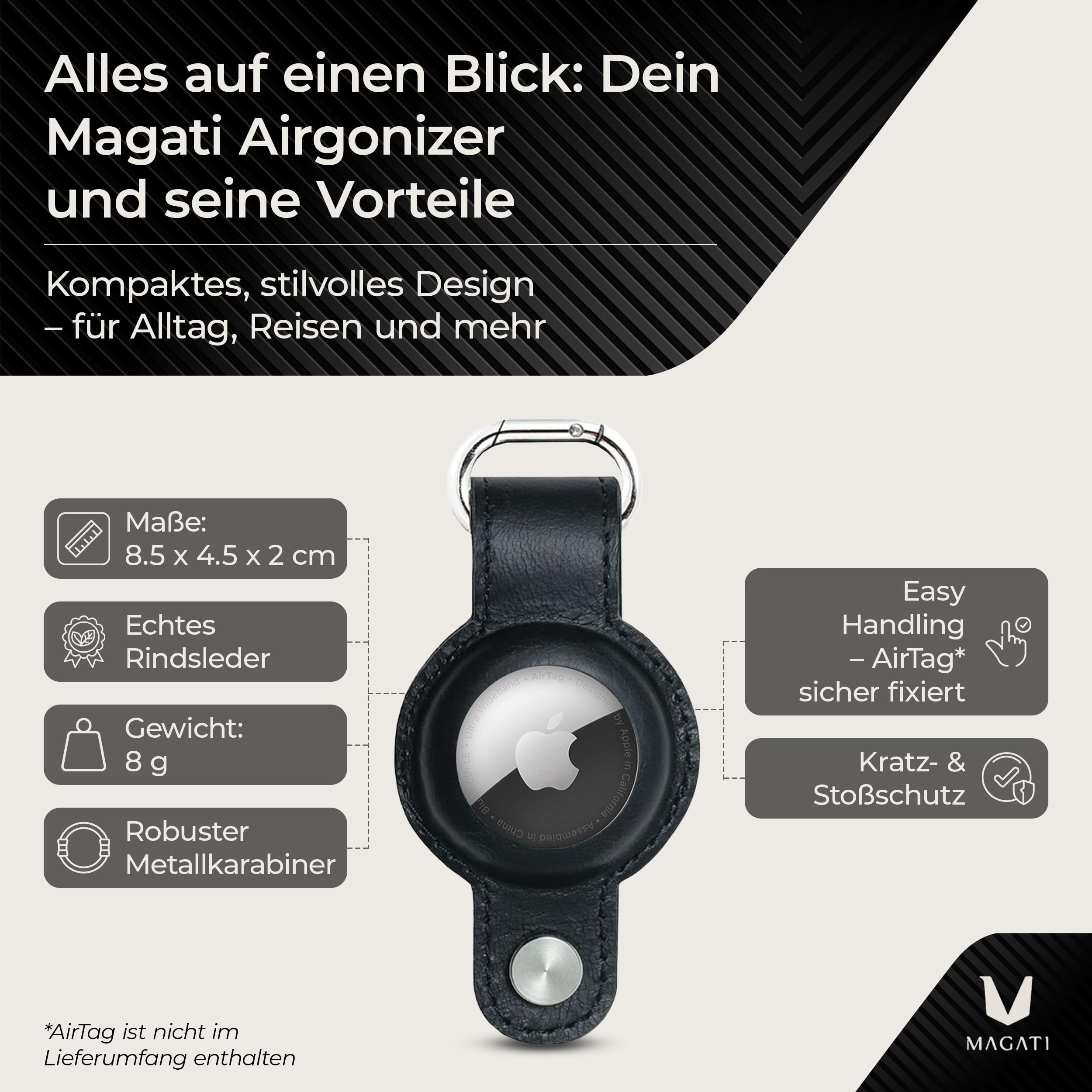 MAGATI Airgonizer (Schwarz) – Schlüssel Organizer mit AirTag Schlüsselanhänger aus hochwertigem Leder & Multitool – Kompatibel mit Apple Airtag 1 & 2 – 1 Jahr Code24 Fundservice inklusive