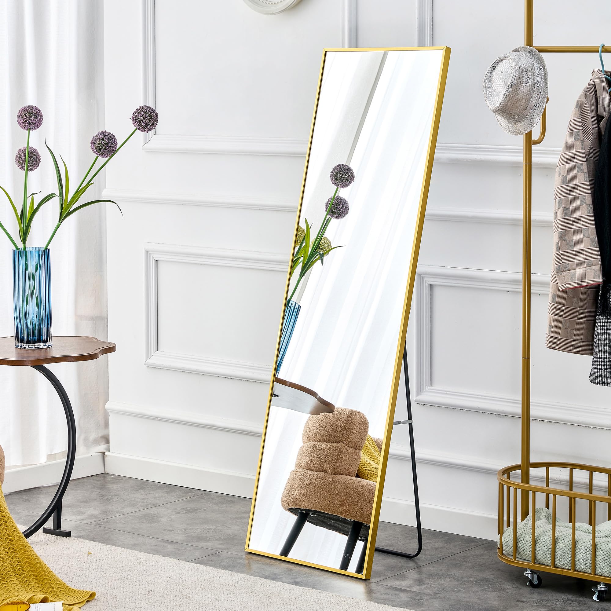 Full Length Mirror, Standing Gold 63’’x20’’ for Bedroom with Aluminum Frame, Large Full Body Floor Mirror Wall Hanging or Leaning Modern Decor for Dressing, Living Room, Entryway (Golden + Glass)