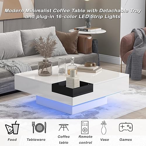 Miniatura 4 de Merax Mesa de centro moderna con luces LED, mesa de centro cuadrada de 31.5 x 31.5 pulgadas con bandeja desmontable, mesa de centro minimalista para