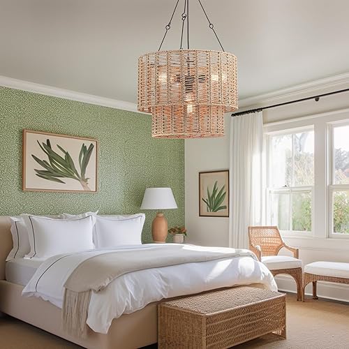 Miniatura 6 de Lámparas colgantes de ratán de 4 luces, lámparas bohemias, lámpara de tambor de granja con pantallas de ratán natural de 2 niveles, lámpara colgante