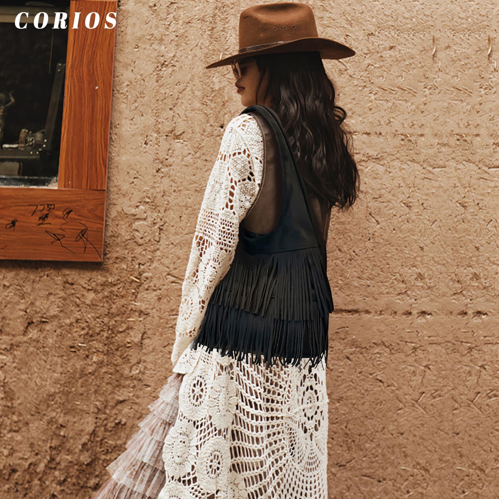 CORIOS Borsa a Mano in Pelle Scamosciata da Donna Con Frange Hippie Occidentale - Grande Tracolla per Spesa, Lavoro, Shopping, Viaggio - Stile Retro Elegante Nero