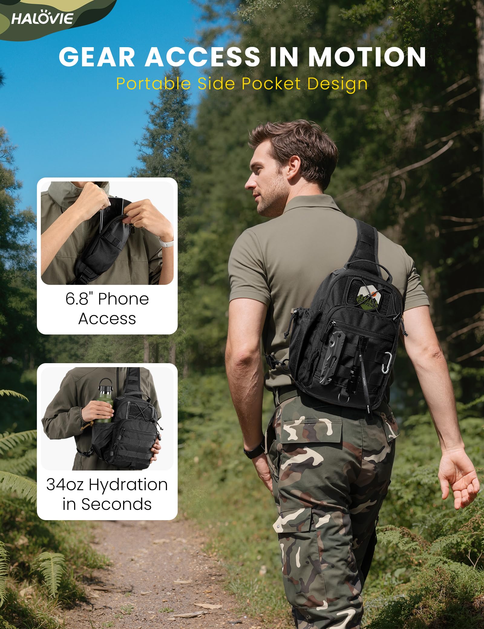 HALOVIE Mochila Táctical Militar,Mochila Cruzada Antirrobo Bolsa Bandolera Pequeña Hombre Bolsa Pecho Sling Bag para Senderismo Ciclismo Camping