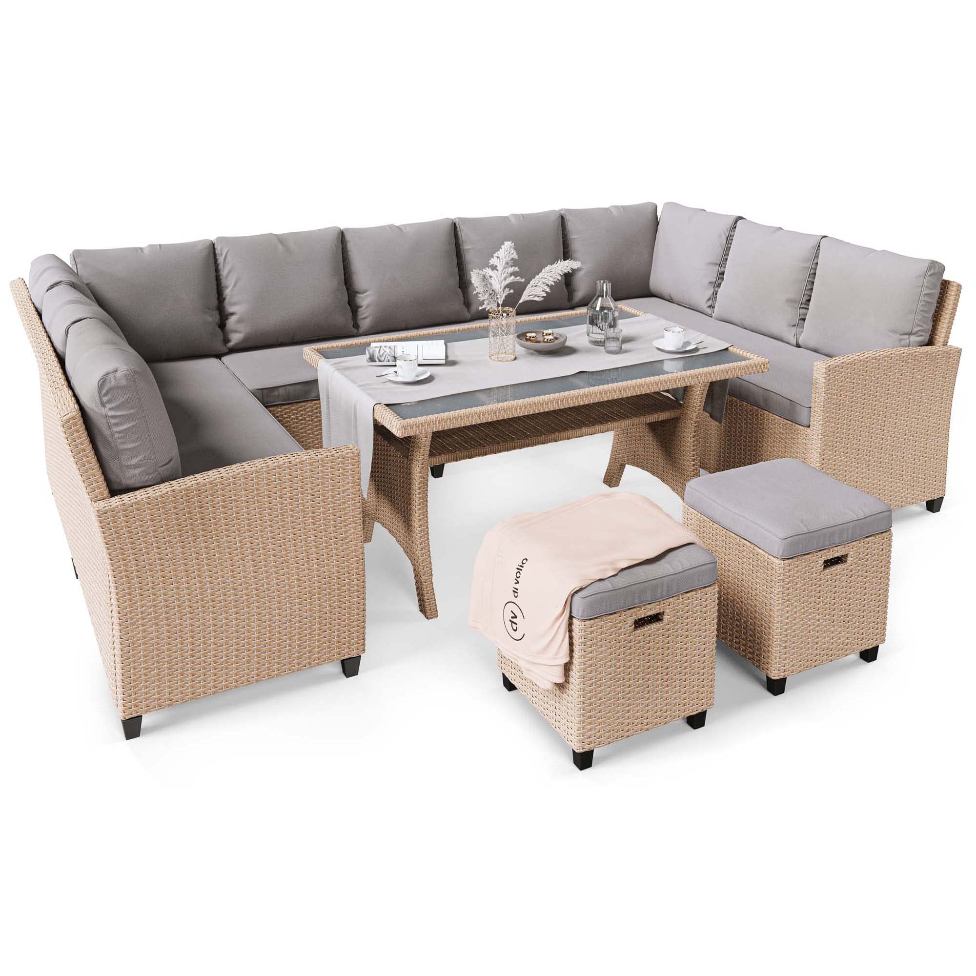 di volio Gartenmöbel-Set Polyrattan Lounge für 9 Personen Outdoor Livorno | Ecksofa, 2 Hocker, Tisch, Sitz- und Rückenkissen, Stahlrahmen, UV-beständig, pflegeleicht, Terrasse