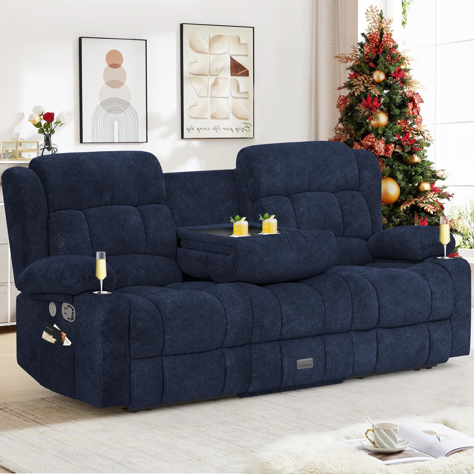 Dresegmt Loveseat Recliner Sofa, Flip Middle Backrest Design 3 Seat Reclining Sofa with Storage Drawer, USB Ports & Cup Holders, Manual Couch for Living Room/Home Theater/RV (Blue)