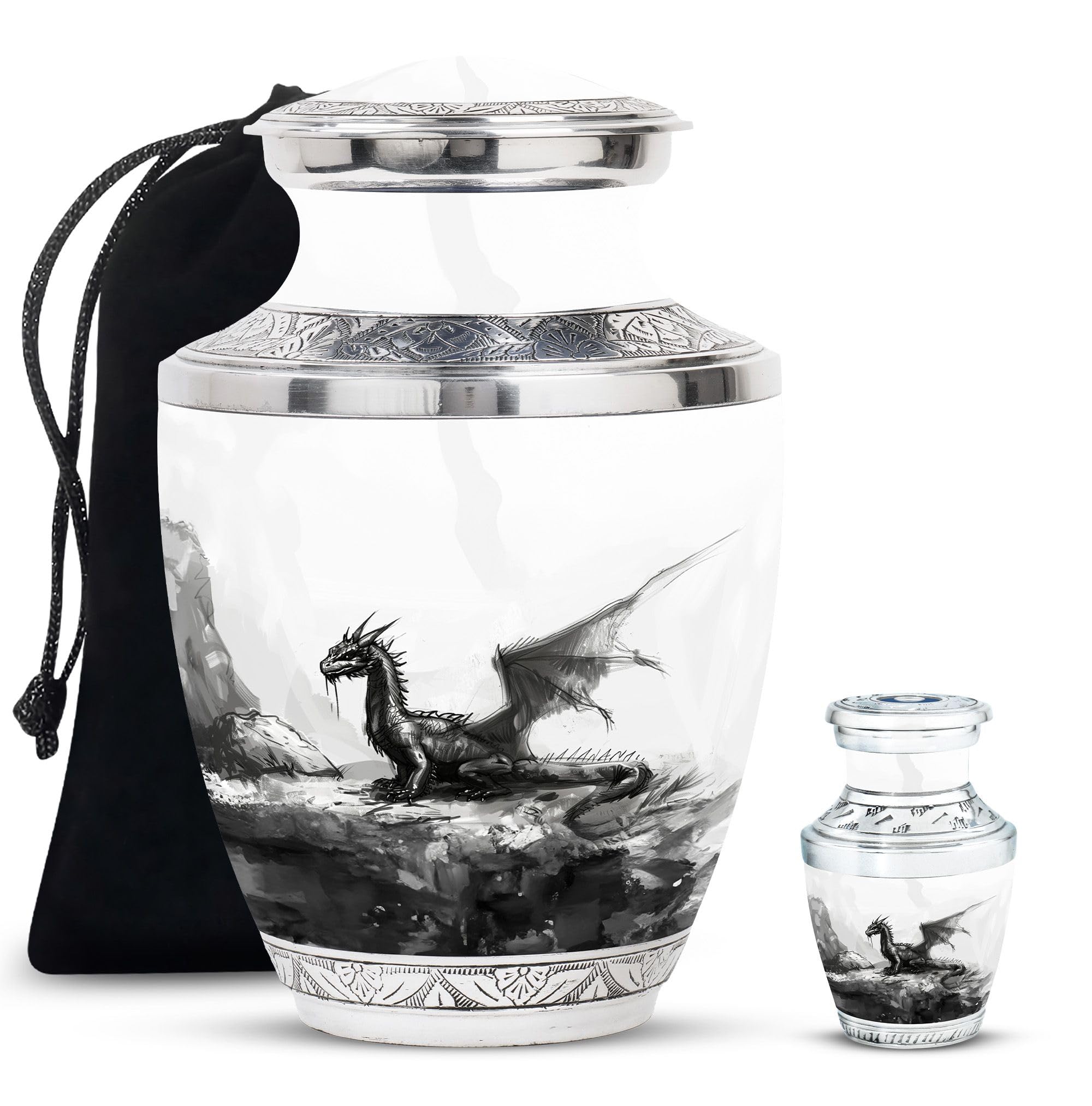 YATHABHISA Dragon Urn, Combo of 1 Large Urn with Velvet Bag and 1 Small - Memorial Urns - Cremation Urns for Ashes - Mini Urns for Men Keepsake Urns - Funeral Urns for Father & Mother, Black