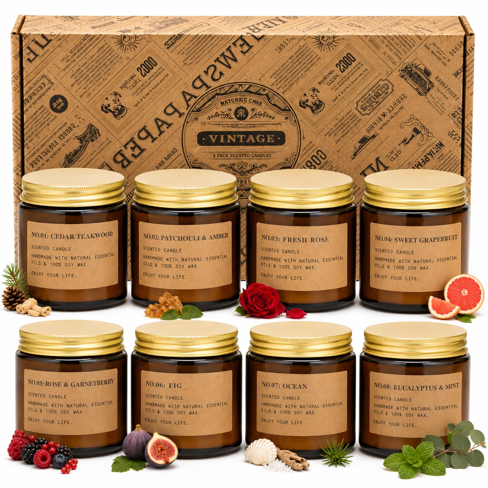 Candele Profumate Set di 8 Pezzi in Vetro, 800g Cera di Soia Profumo di Rose, Legno di teak, Amber, Menta und Grapfruit Aromaterapia Set Candele Compleanno Regalo per Mamma, Durata Fino a 200 Ore