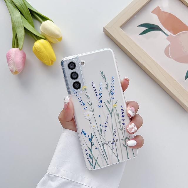 Compatible with Samsung Galaxy S21 5G Case, Clear Cute Flower Design Flexible Bumper TPU Soft Rubber Silicone Girly&Boys Case Cover for Samsung Galaxy S21 6.2-P