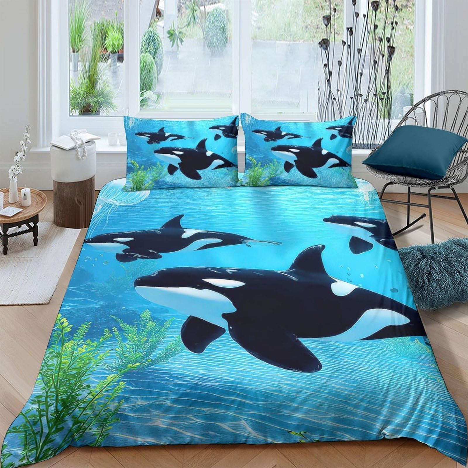 Ctjqhvkz Style-9 3D Printed Ocean Orca Fitted Sheet Microfiber Soft Mattress Cover Blue Sea Decor For Bedroom Dorm Room Single（135X200cm）