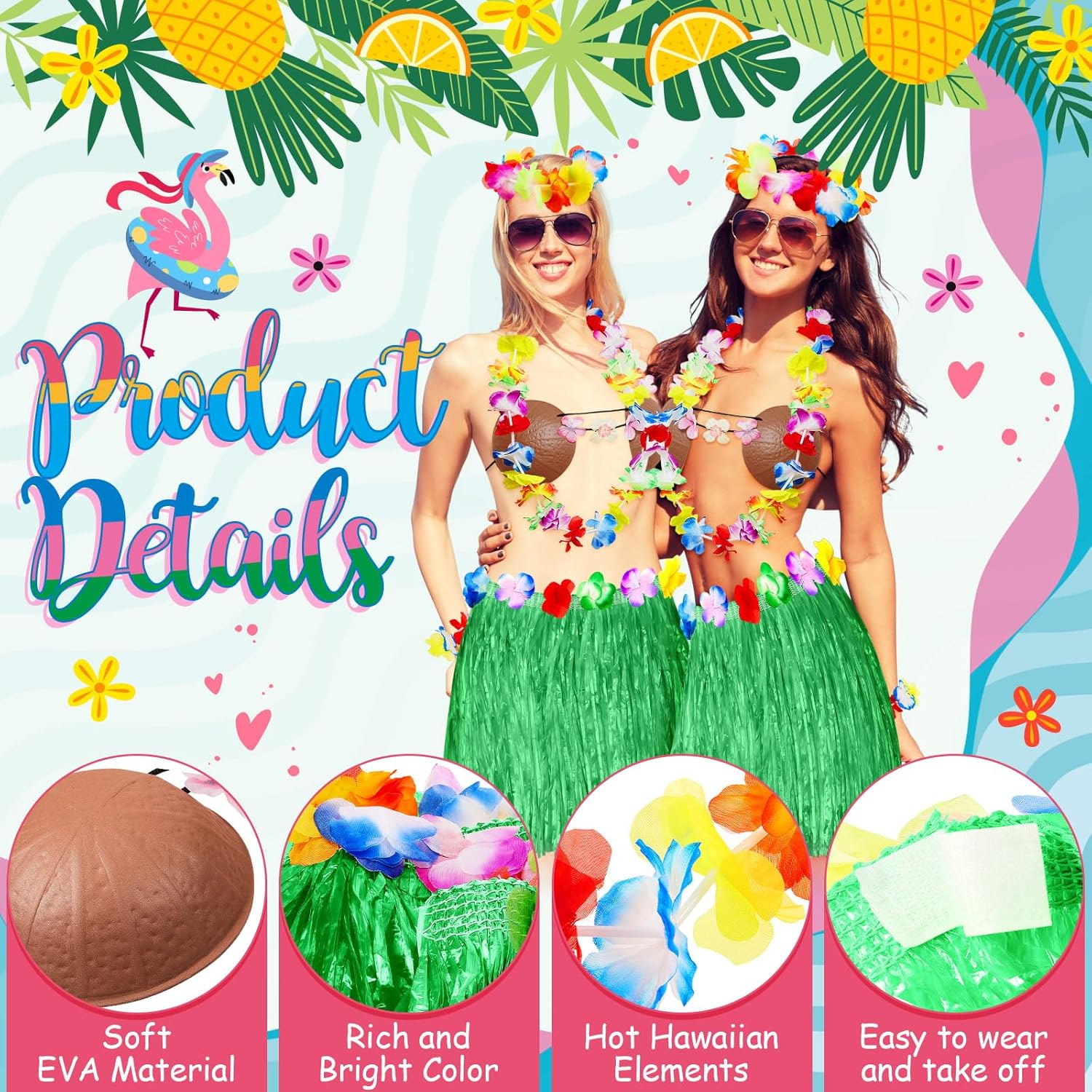 Janmercy フラスカート8セットキット:ハワイアン グラススカート ココナッツブラ 女性用 ルアウ パーティー トロピカル パ