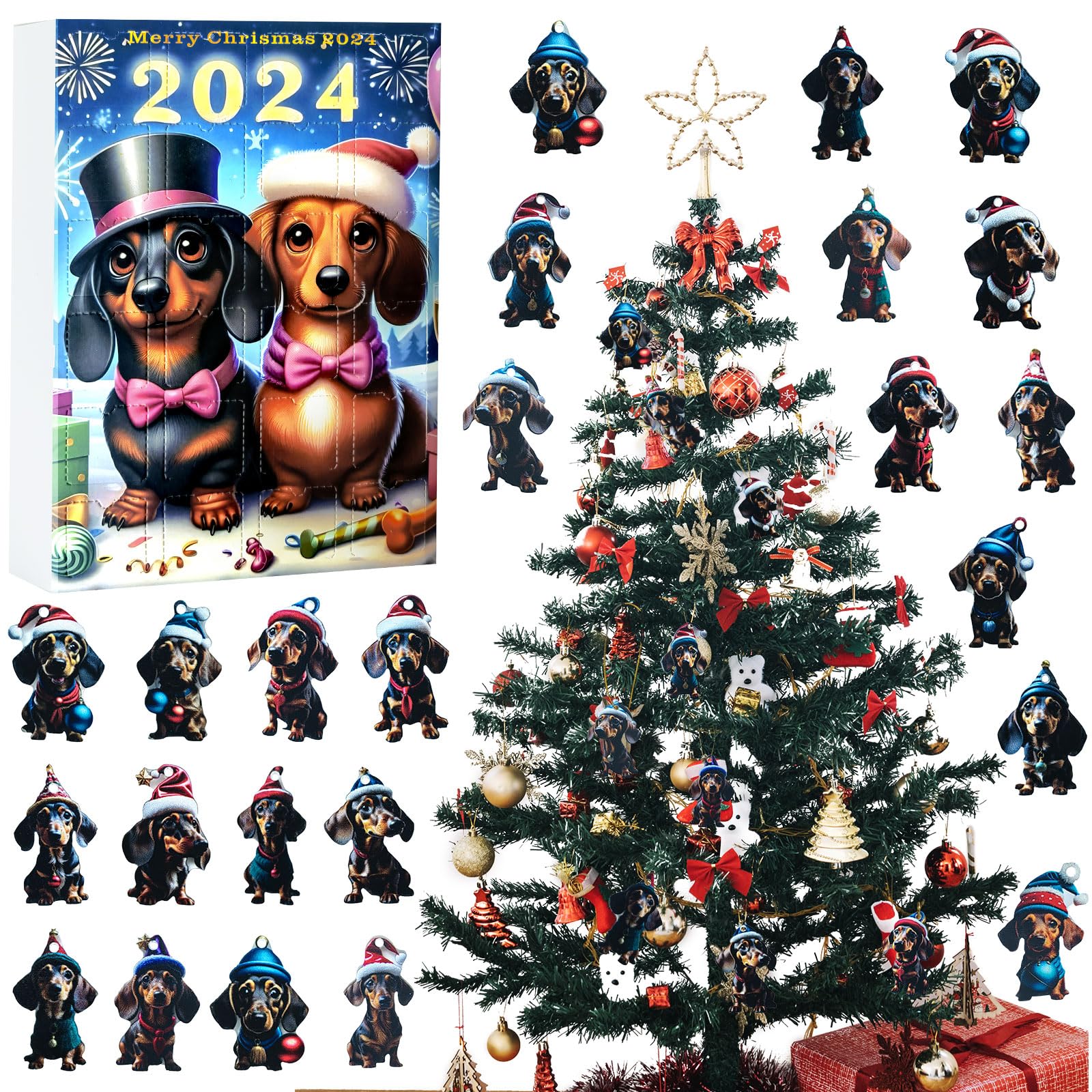 Calendrier De L'Avent Teckel 2025 En Acrylique 2D - 24 Décorations à Suspendre, Compte à Rebours Noël, Pour Sapin