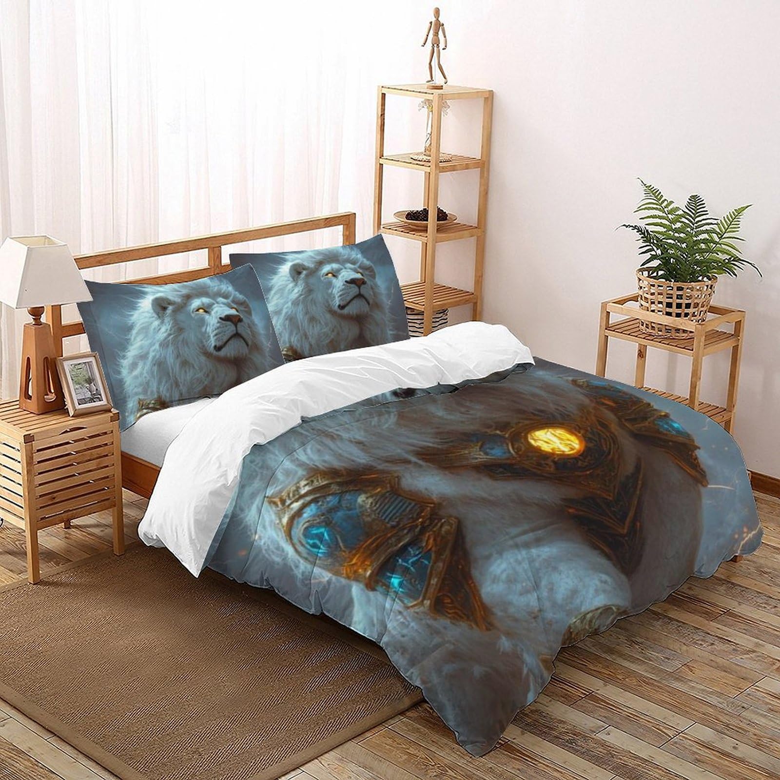 Housse de couette lion blanc antistatique et anti-plis en tissu 200x200