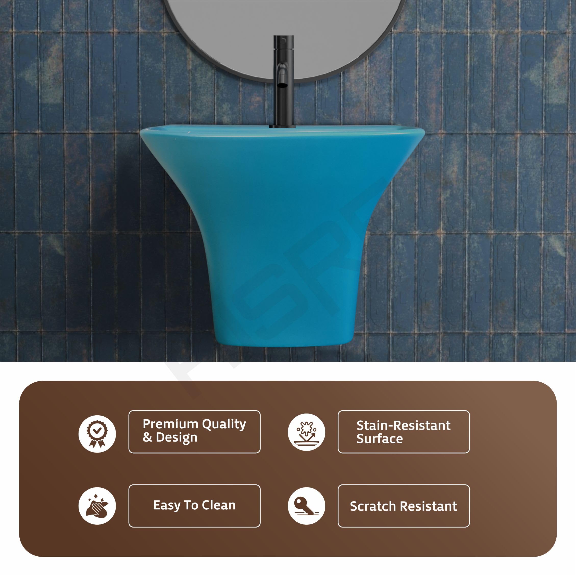 Hisre Modern Wall-Mounted Matte Ceramic Wash Basin with Curved Rectangular Design | Space-Saving Floating Bathroom Sink for Contemporary Interiors (Blue Matt), photo 4 of 5