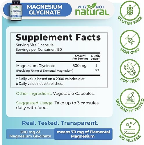 Miniatura 4 de Why Not Natural 120 cápsulas de glicinato de magnesio de 500 mg - Suplemento vegano, sin relleno - Apoya el sueño y la relajación