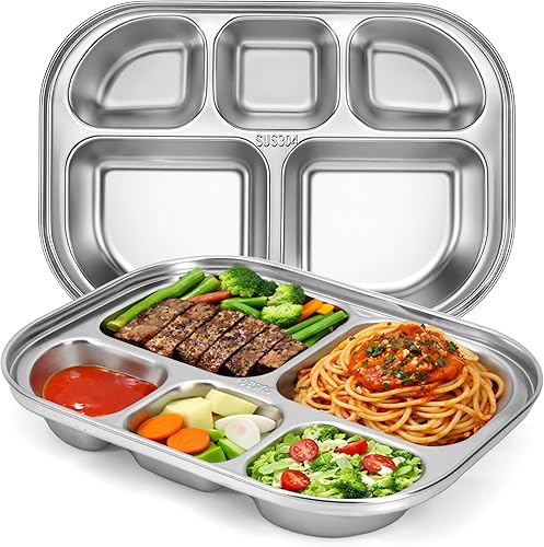 KH866 Paquete de 2 bandejas divididas de acero inoxidable  5 secciones de tamaño pequeño compacto plato para servir cena, aperitivos, platos de