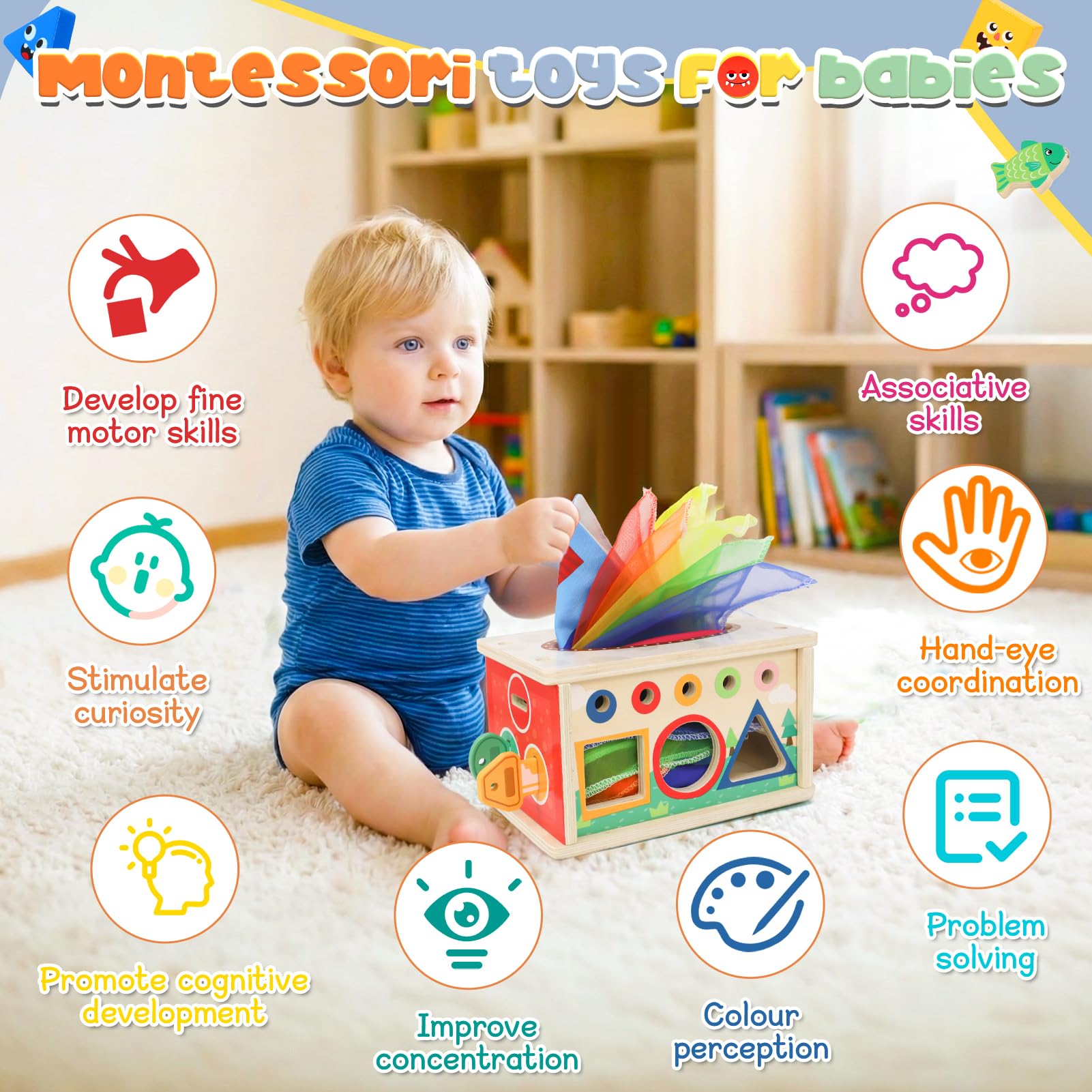 Giocattoli Montessori bambini 1 anno, scatola di fazzoletti Giocattoli con fazzoletti di seta a partire 10 mesi, giocattoli lo sviluppo motorio in legno 1 2 3 anni Bambine, Regali Compleanno Pasqua