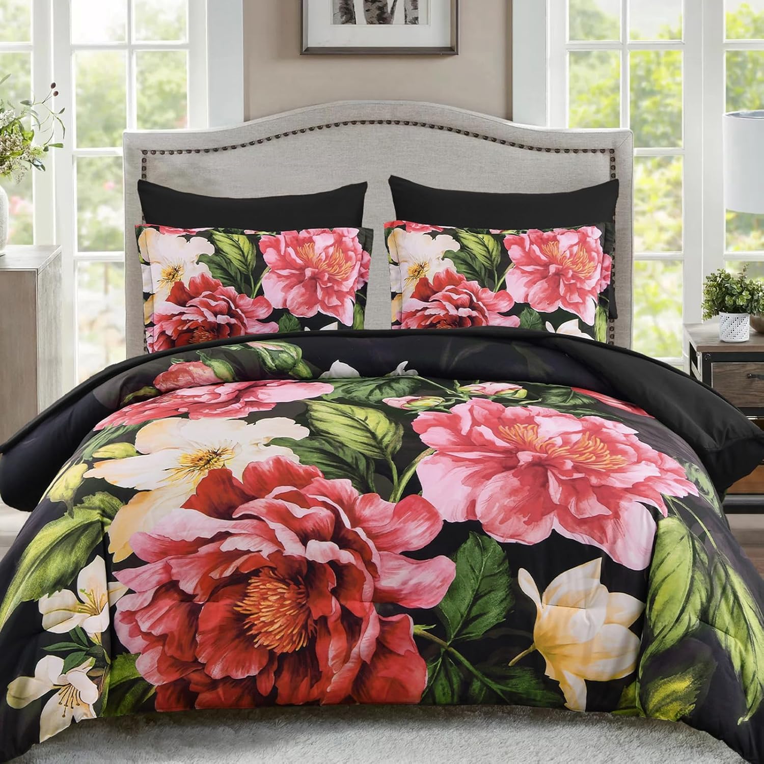 Yiran Floral Comforter Set Queen Size 7 Pieces Bed in a Bag, Red Flower Bed Set, Soft Lightweight Comforter with Sheet Set 90"x90"
