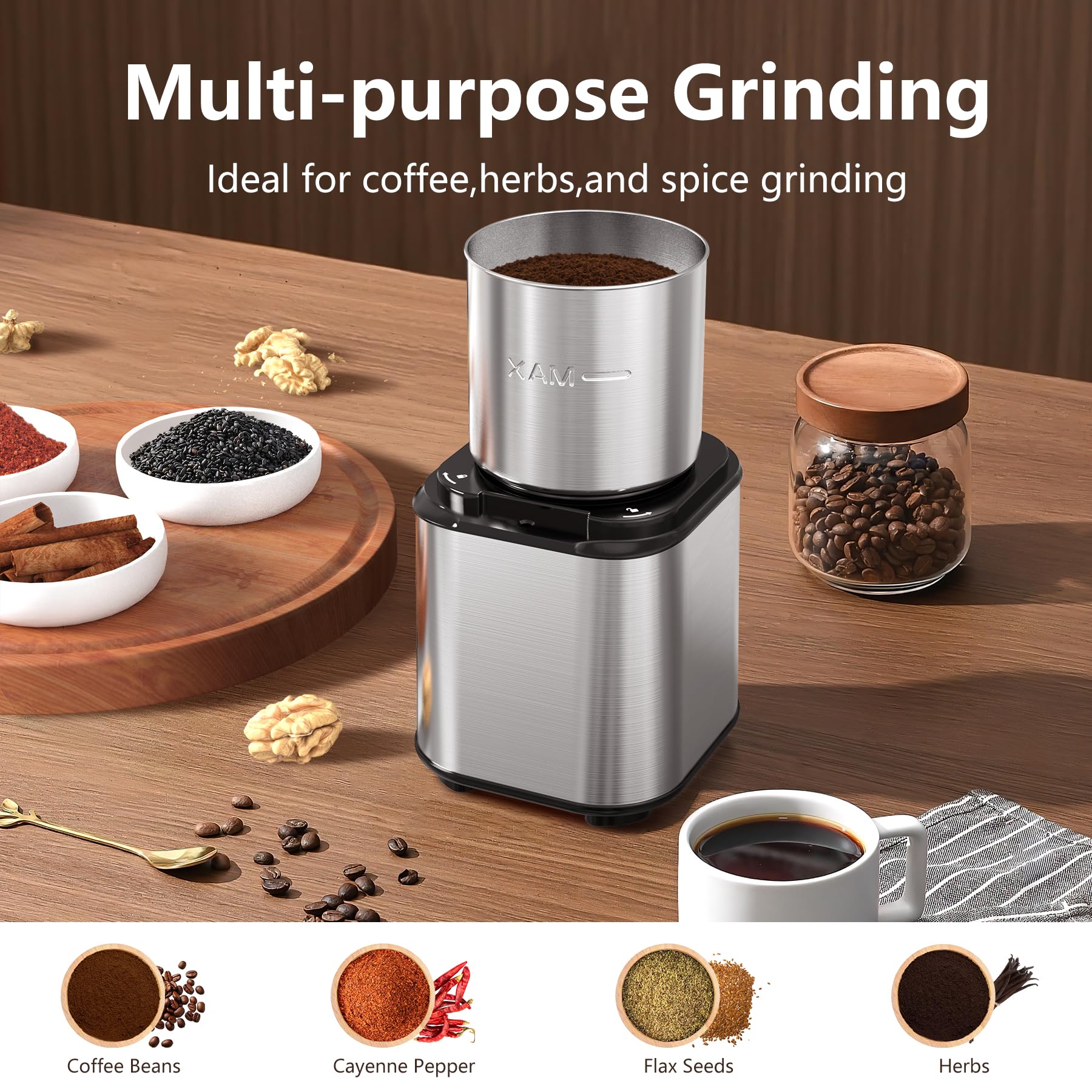 OMISOON Macina Caffe' Elettrico 150W, Macinacaffè Elettrico con Contenitori Rimovibili in acciaio inossidabile, 60g Capacità, per Chicchi di Caffè, Spezie, Cereali, Pepe, Noci