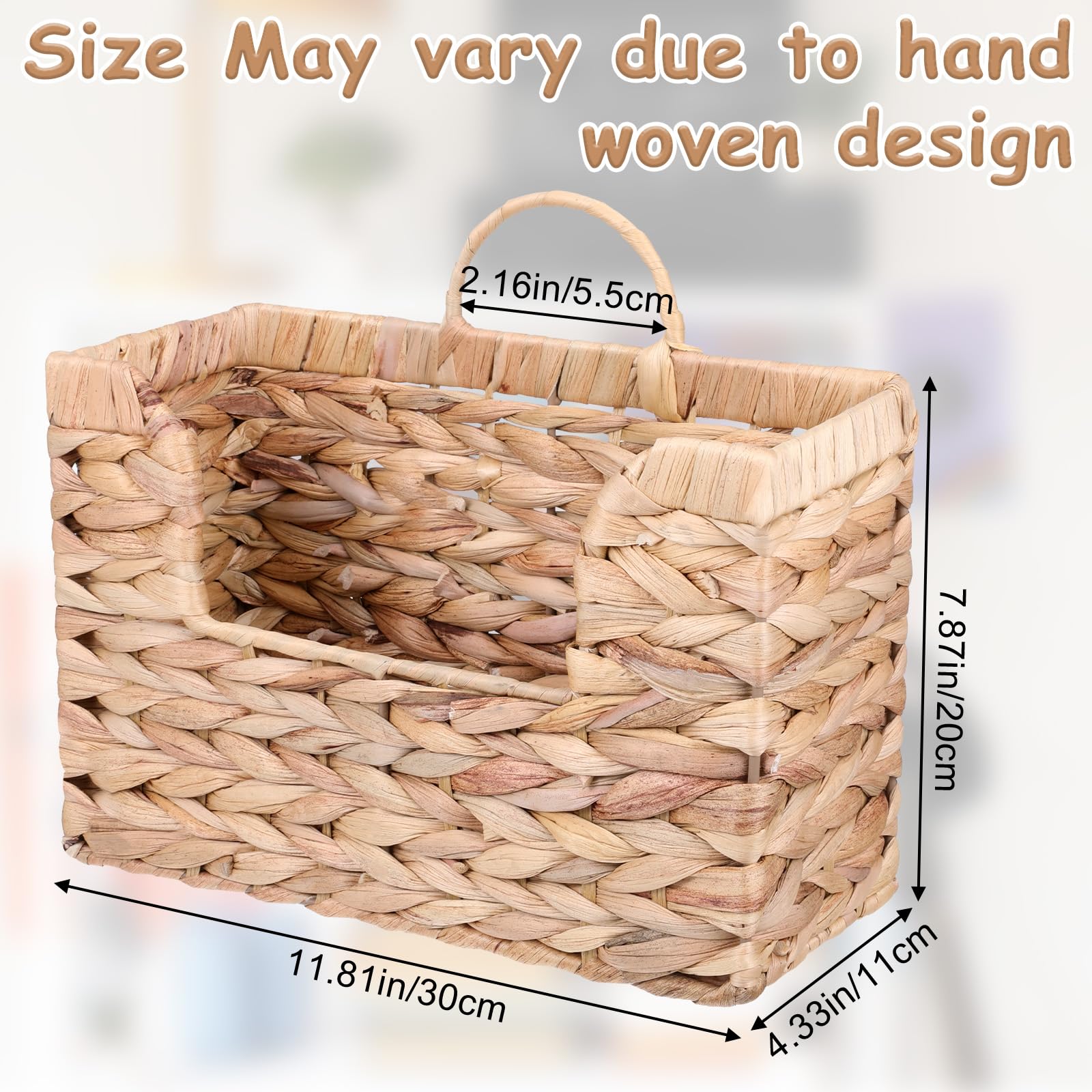 Woven Hanging Magazine Holder Water Hyacinth Storage Basket Wall Mounted Wicker Organizer Boho Modern Farmhouse Book Rack with Handle File Newspaper Mail Holder for Home Office
