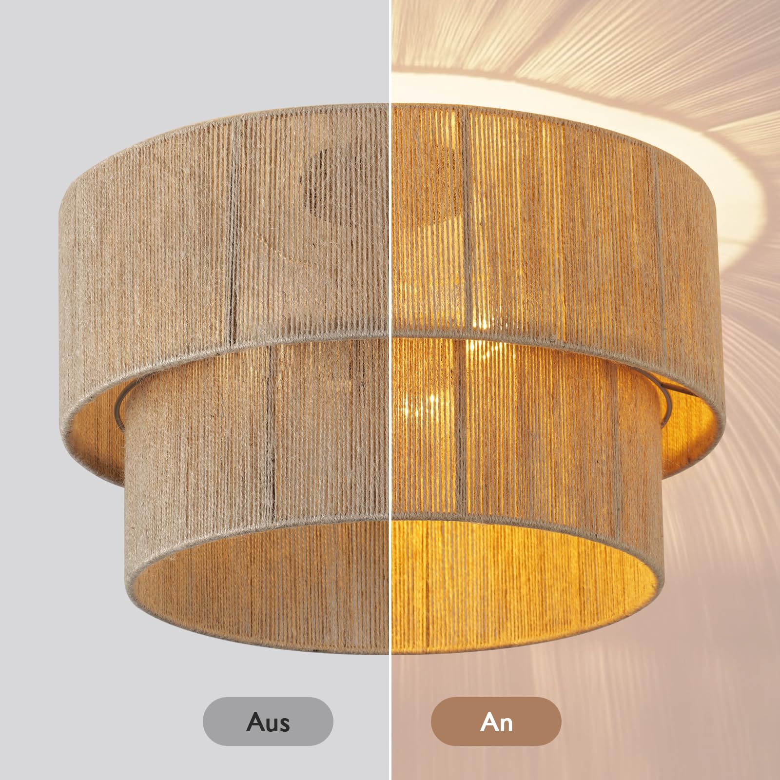 CALOKES Boho Deckenleuchte aus Juteseil Ø45cm – 3-flammige Rattan Deckenlampe mit Korb-Look für Wohnzimmer Schlafzimmer Esszimmer Flur – Deckenlampe E27 (ohne Leuchtmittel)