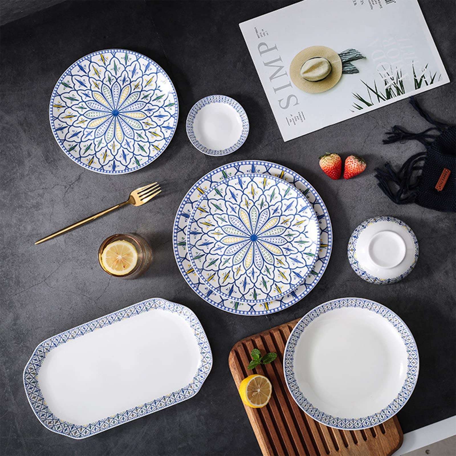 Service de Table en céramique pour 6 à 25 pièces, Service de Vaisselle, Services de Table de Cuisine avec Assiettes Plates, Assiettes à Salade et Bols, Lavable (