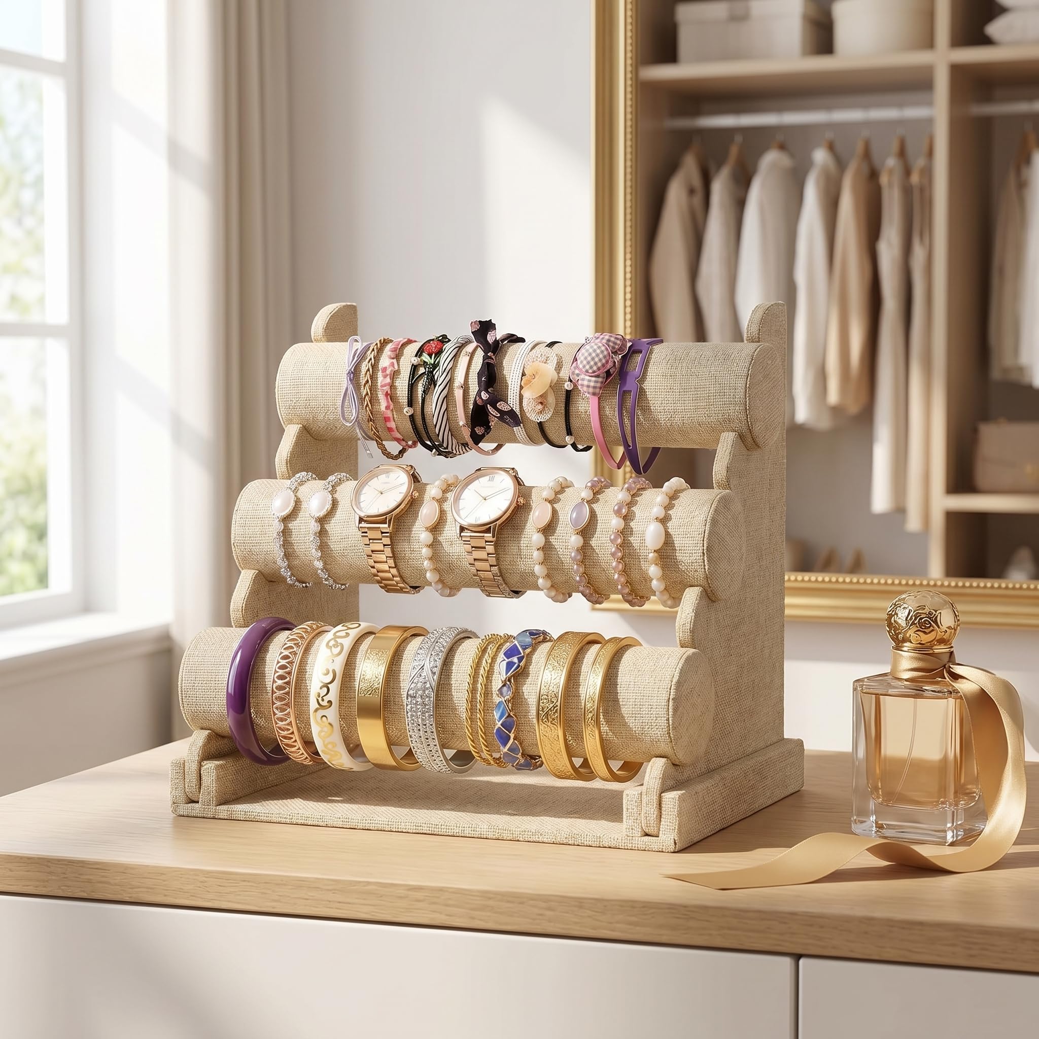 Okllen Support de bracelet à 3 niveaux, organisateur de bijoux, présentoir à bijoux amovible pour montre, collier, boucles d'oreilles, bandeau à cheveux, lin