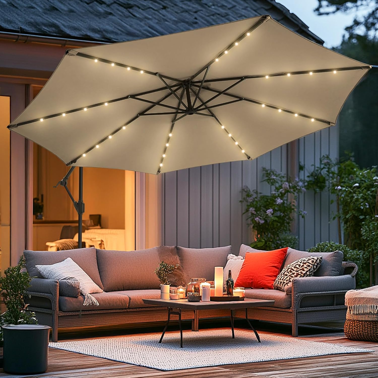 wikiwiki 10ft Solar LED Offset Hanging Market Cantilever Patio Umbrella for Backyard, Poolside, Lawn and Garden, Easy Tilt Adjustment, Polyester Shade & Cross Base, Tan