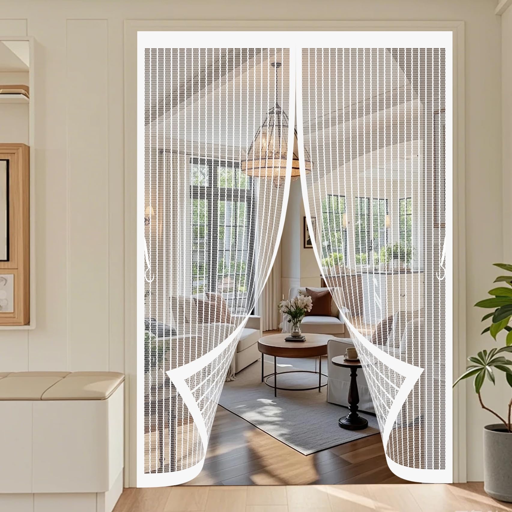 Door Fly Screen Curtain 108 x 182 cm with Powerful Magnets & Full Frame Magic Tape, Keep Bugs Out & Lets Fresh Air in Magnetic Door Screen for Patio Doors Bedroom, White